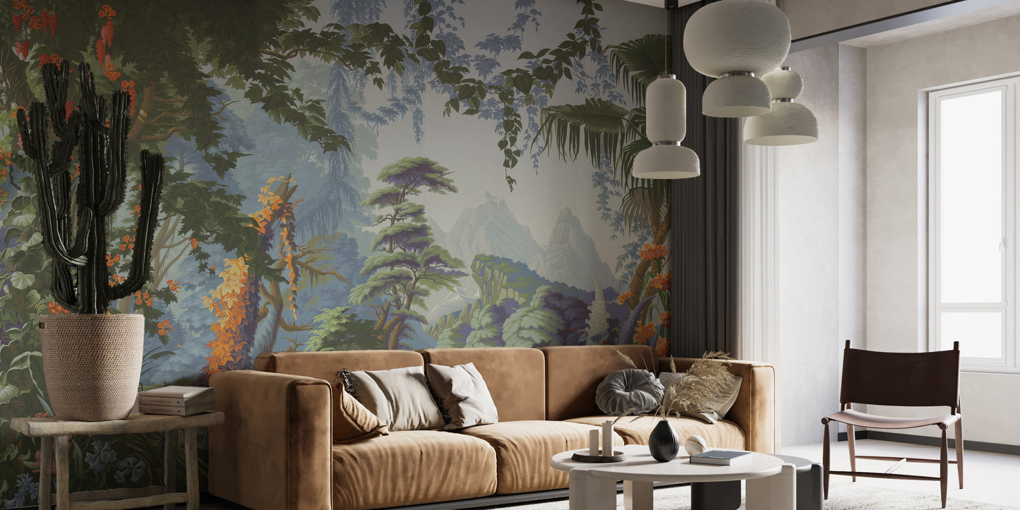 Tropical wallpaper mural with orange and purple accents