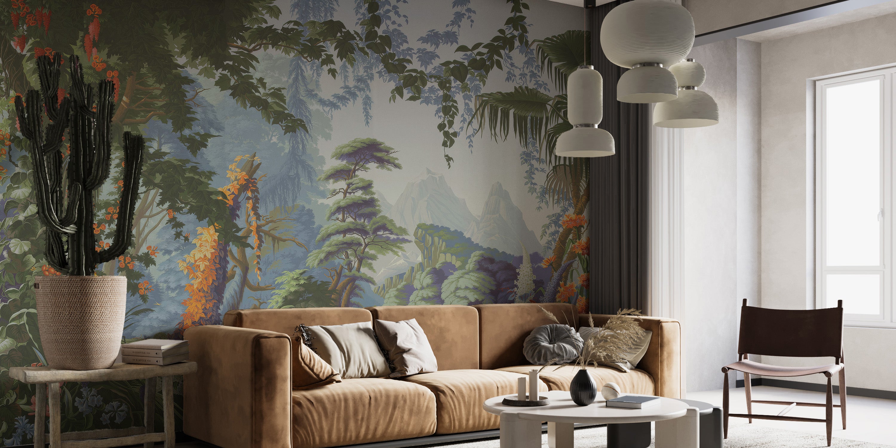 Tropical wallpaper mural with orange and purple accents