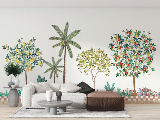 Lush green and colorful tree wallpaper for home decor