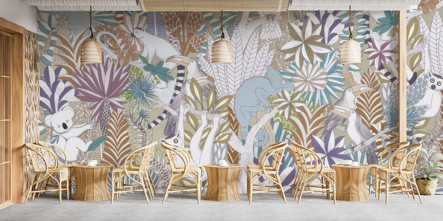 Creative jungle wallpaper featuring birds and wildlife