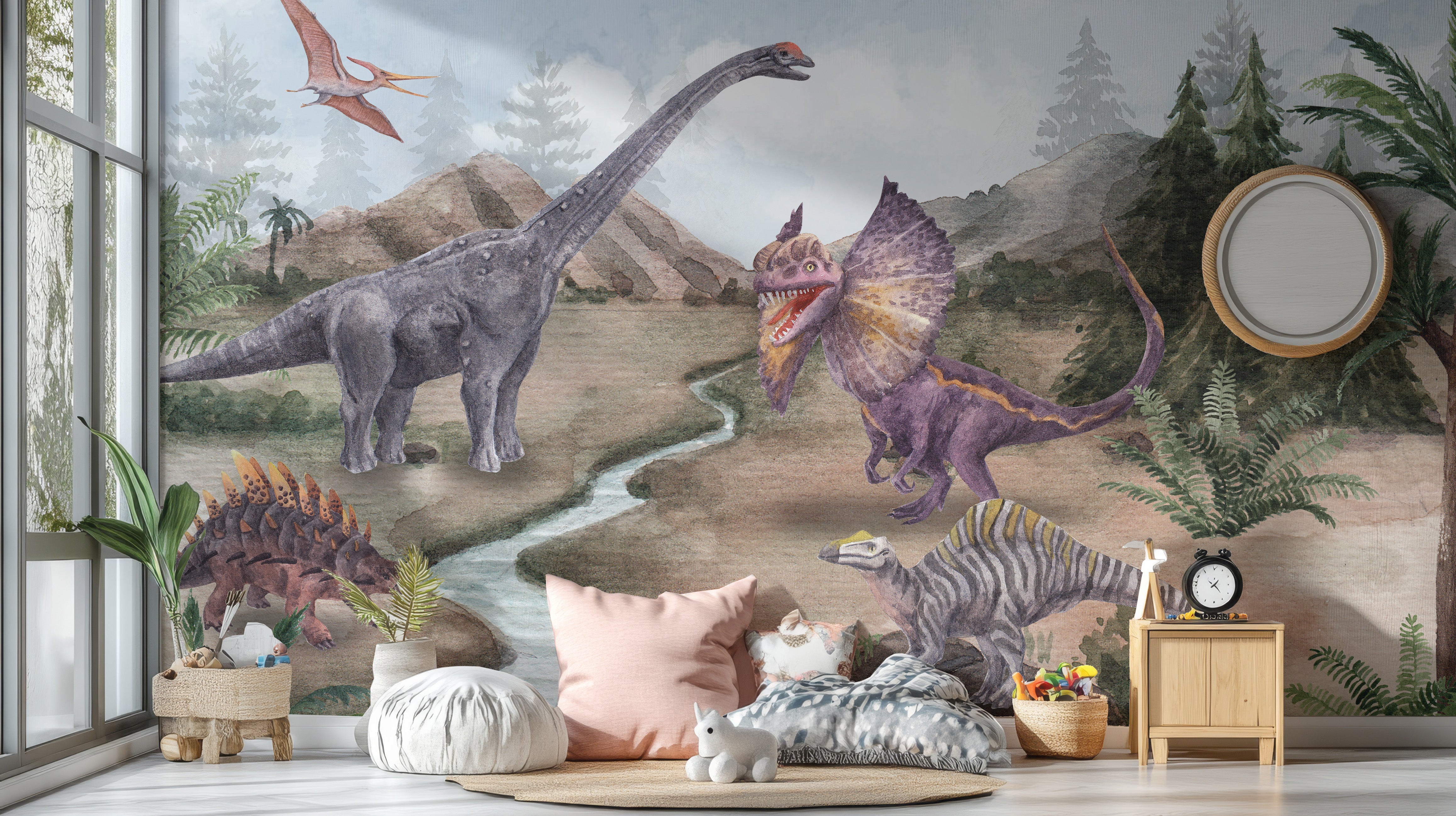 Dinosaur-themed wallpaper featuring vibrant prehistoric scenery.