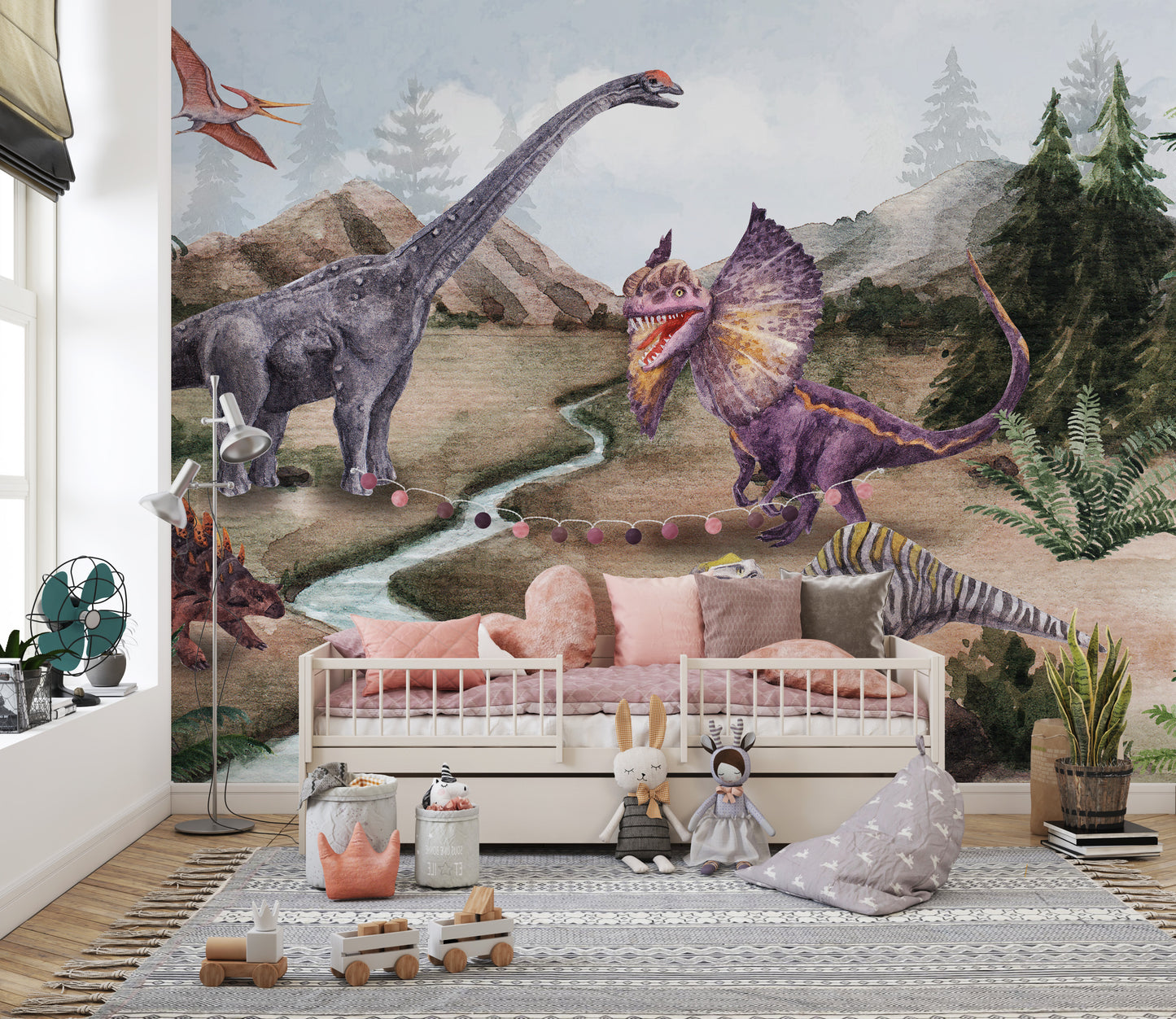 Prehistoric era wallpaper with herbivorous and carnivorous dinosaurs.