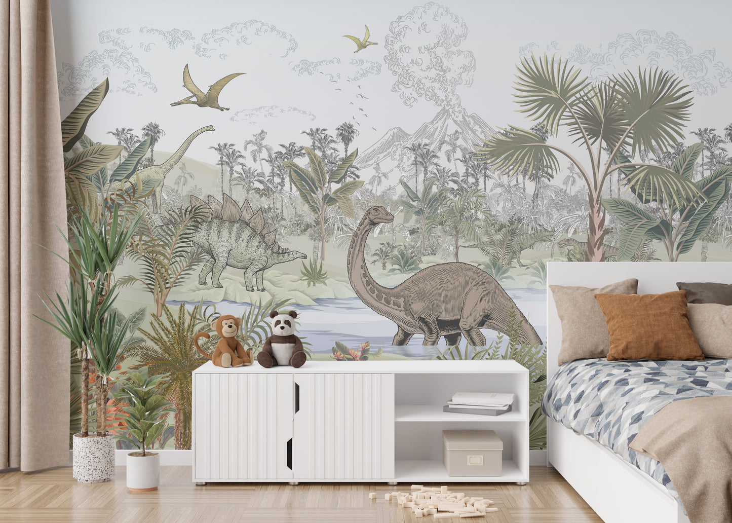 Jurassic landscape kids wallpaper with vibrant greenery