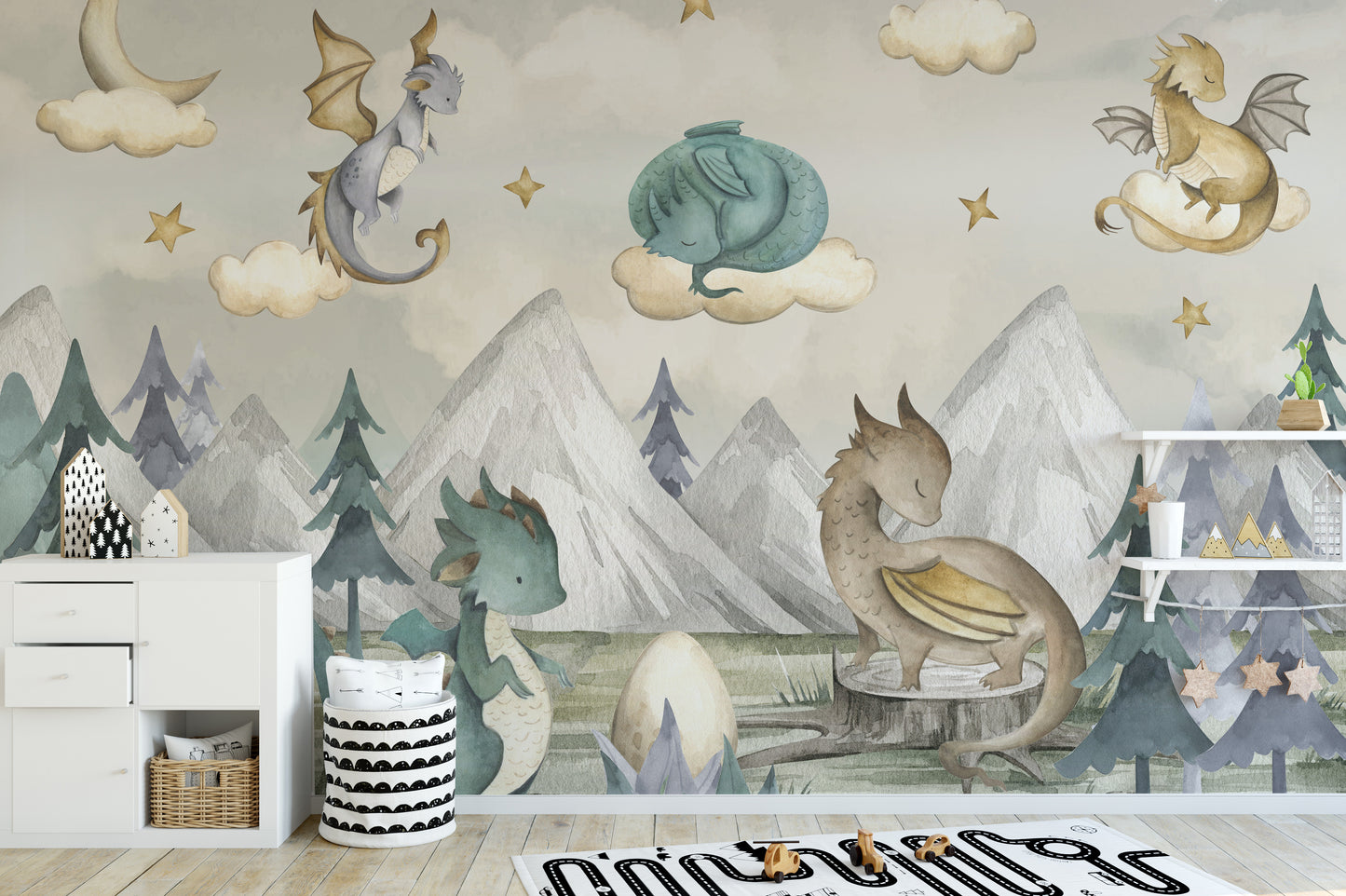 Dragons and stars wallpaper for whimsical wall decor