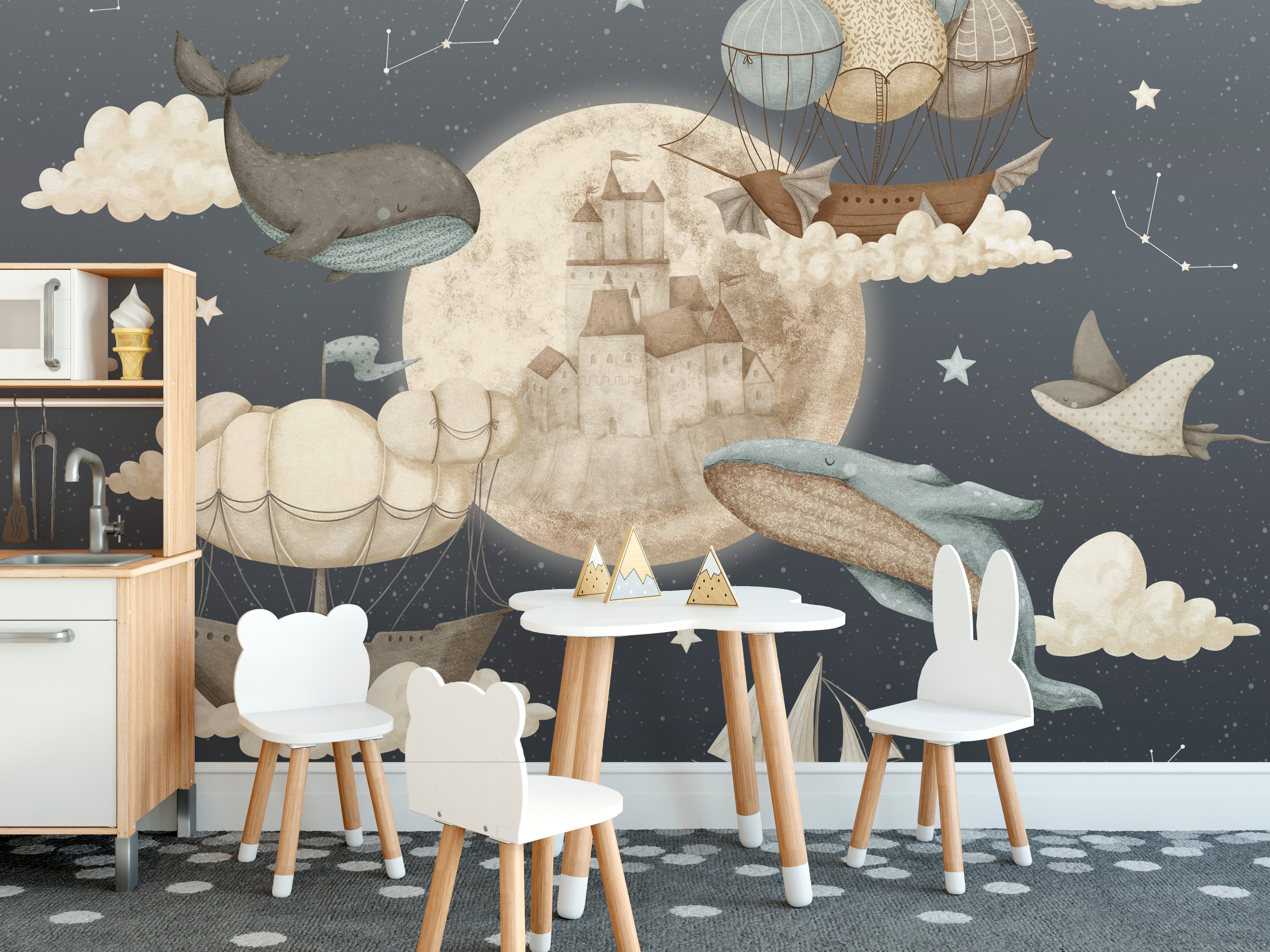 Whimsical flying whale wallpaper with moonlit castle