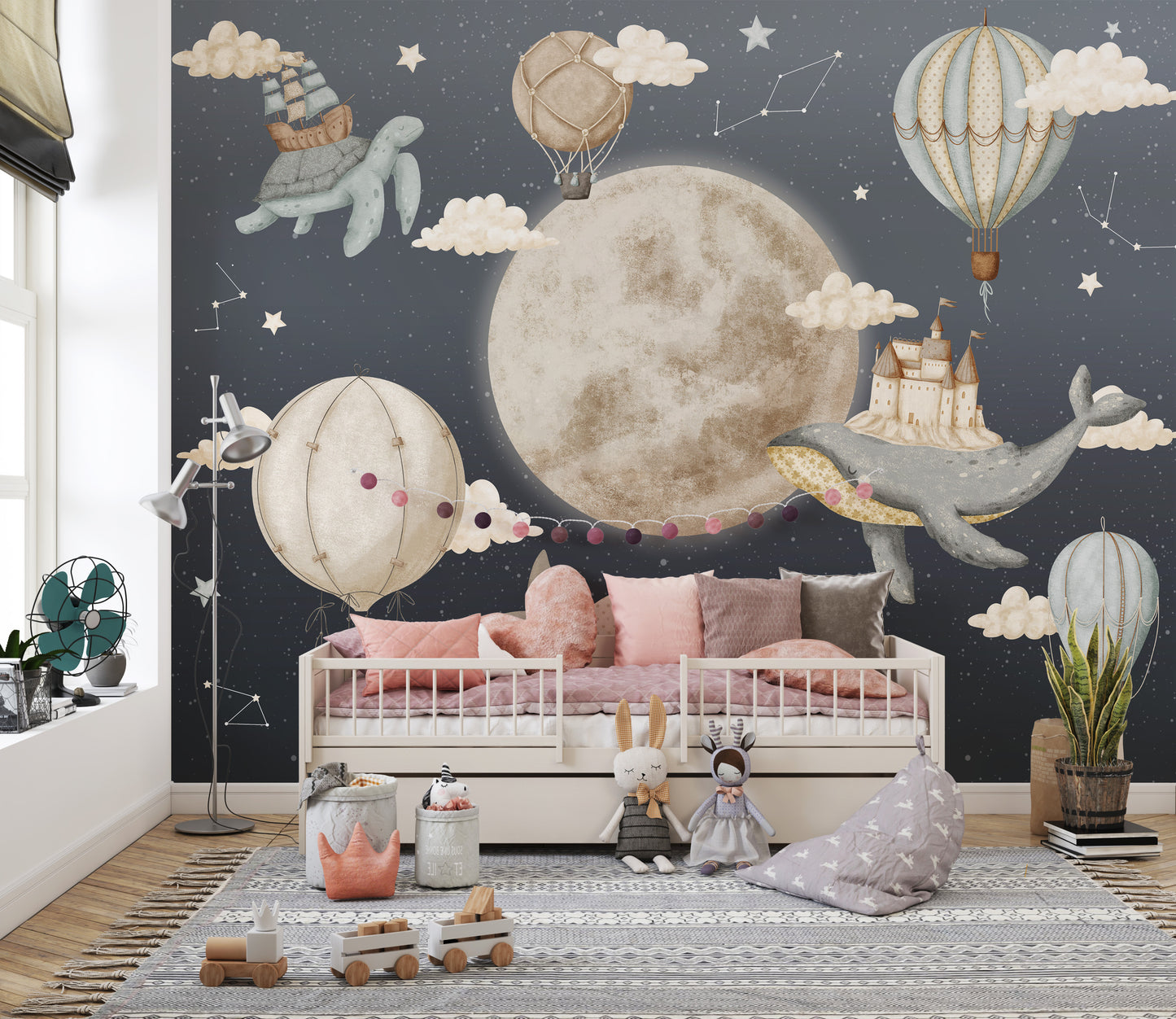 Moon and whale-themed vintage balloon wallpaper