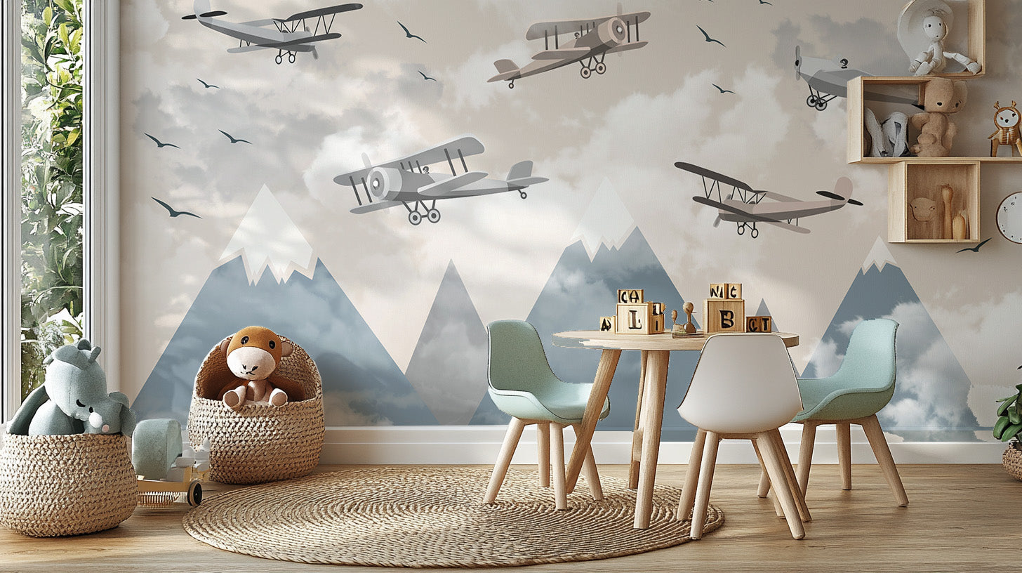 Vintage plane wallpaper mural with scenic clouds.