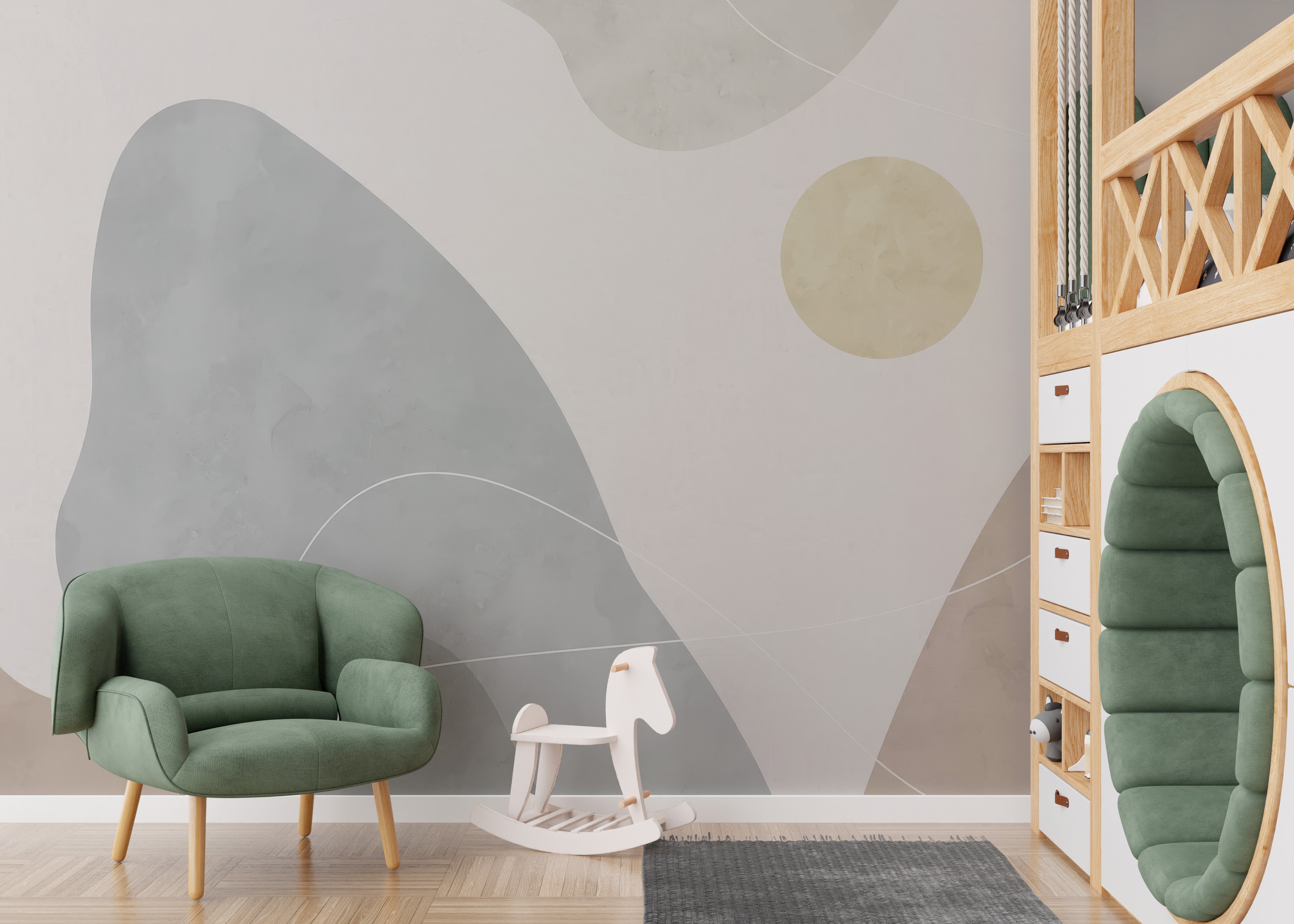 Abstract terrain mural wallpaper in calming pastel shades.