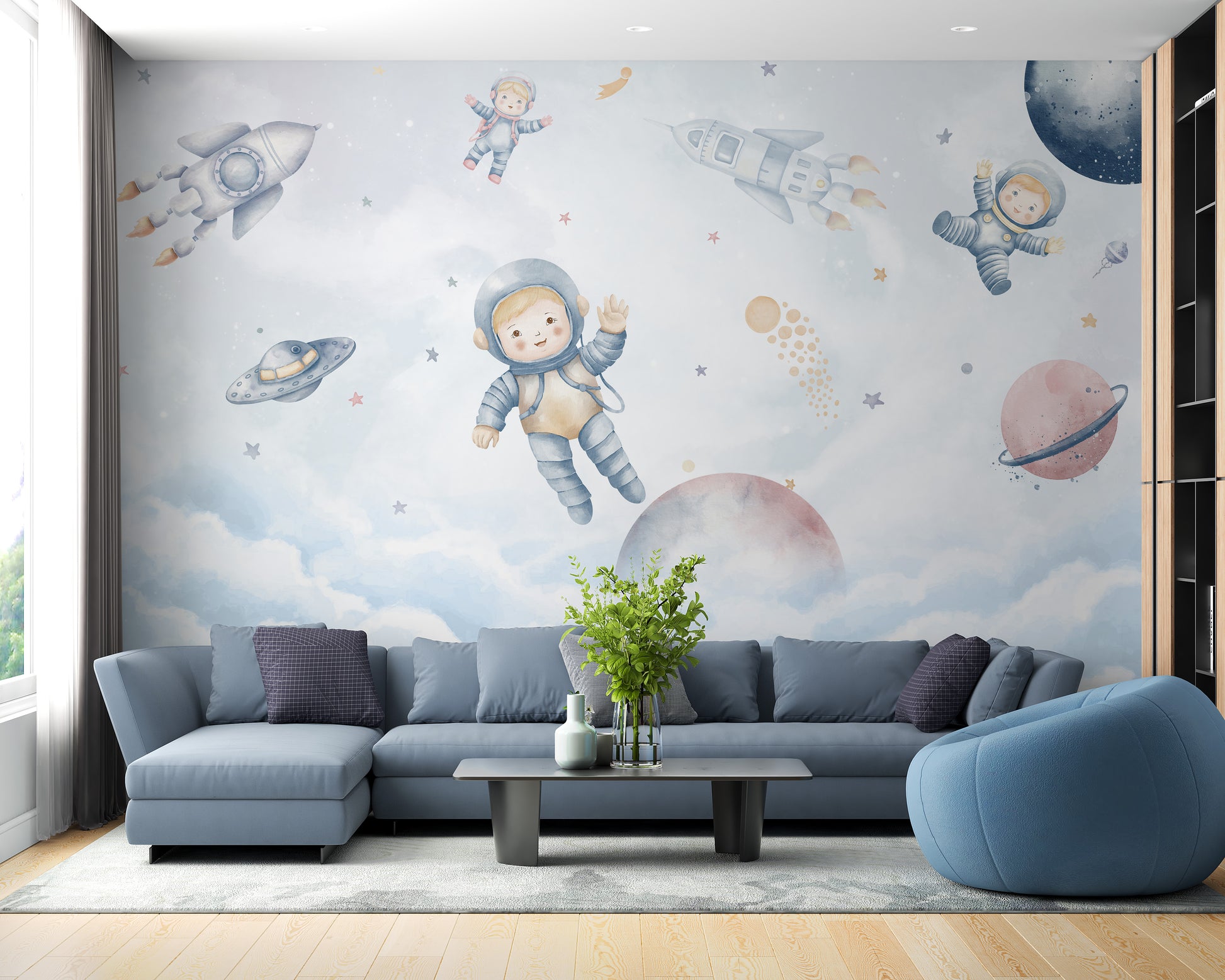 Adventurous space wallpaper with cute astronauts and planets