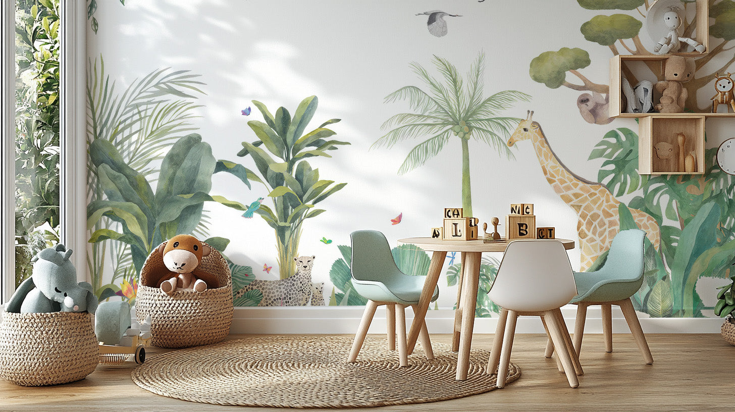 Tropical rainforest wallpaper featuring giraffe and sloth