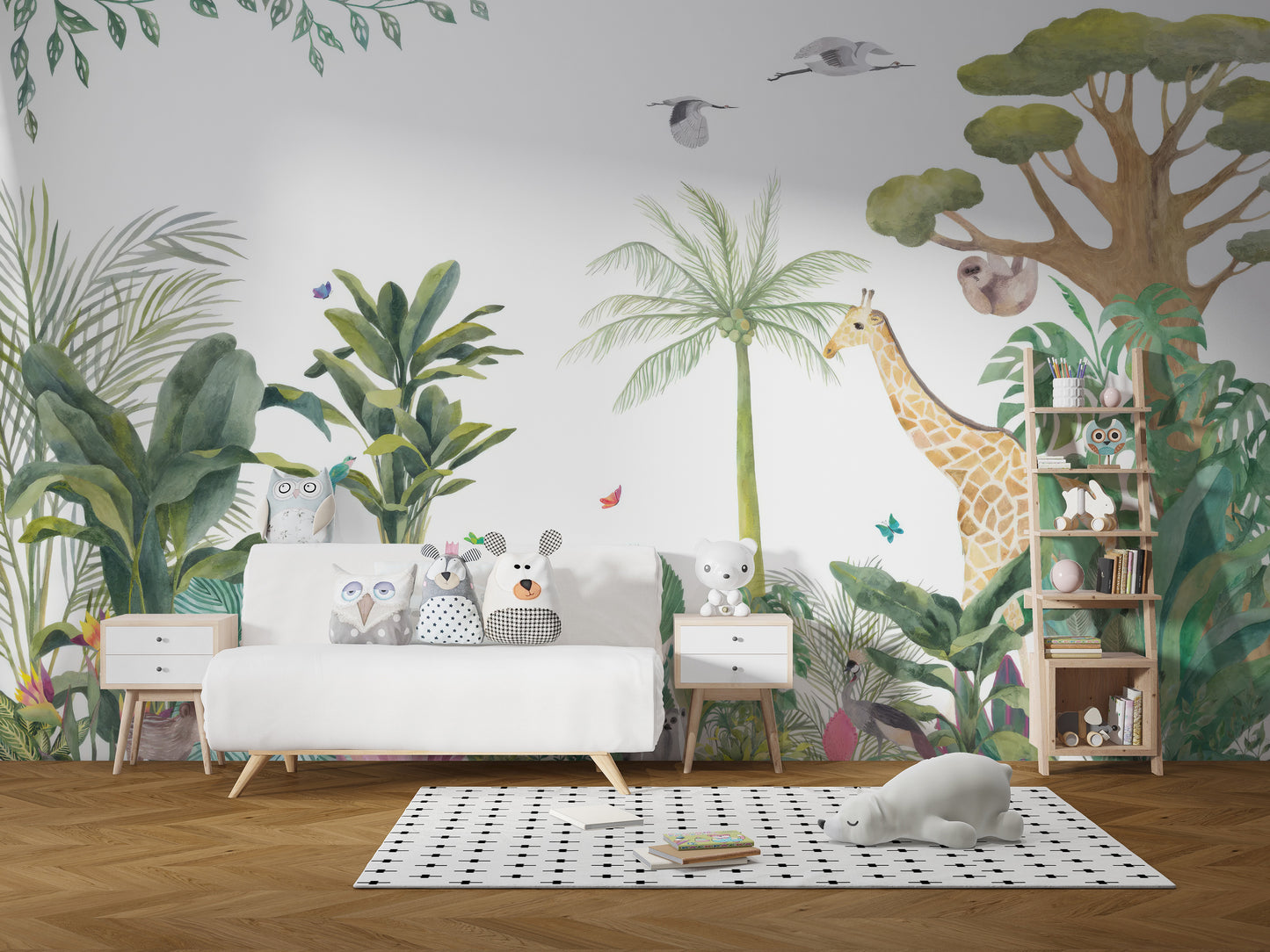 Lush green forest wallpaper with exotic wildlife animals