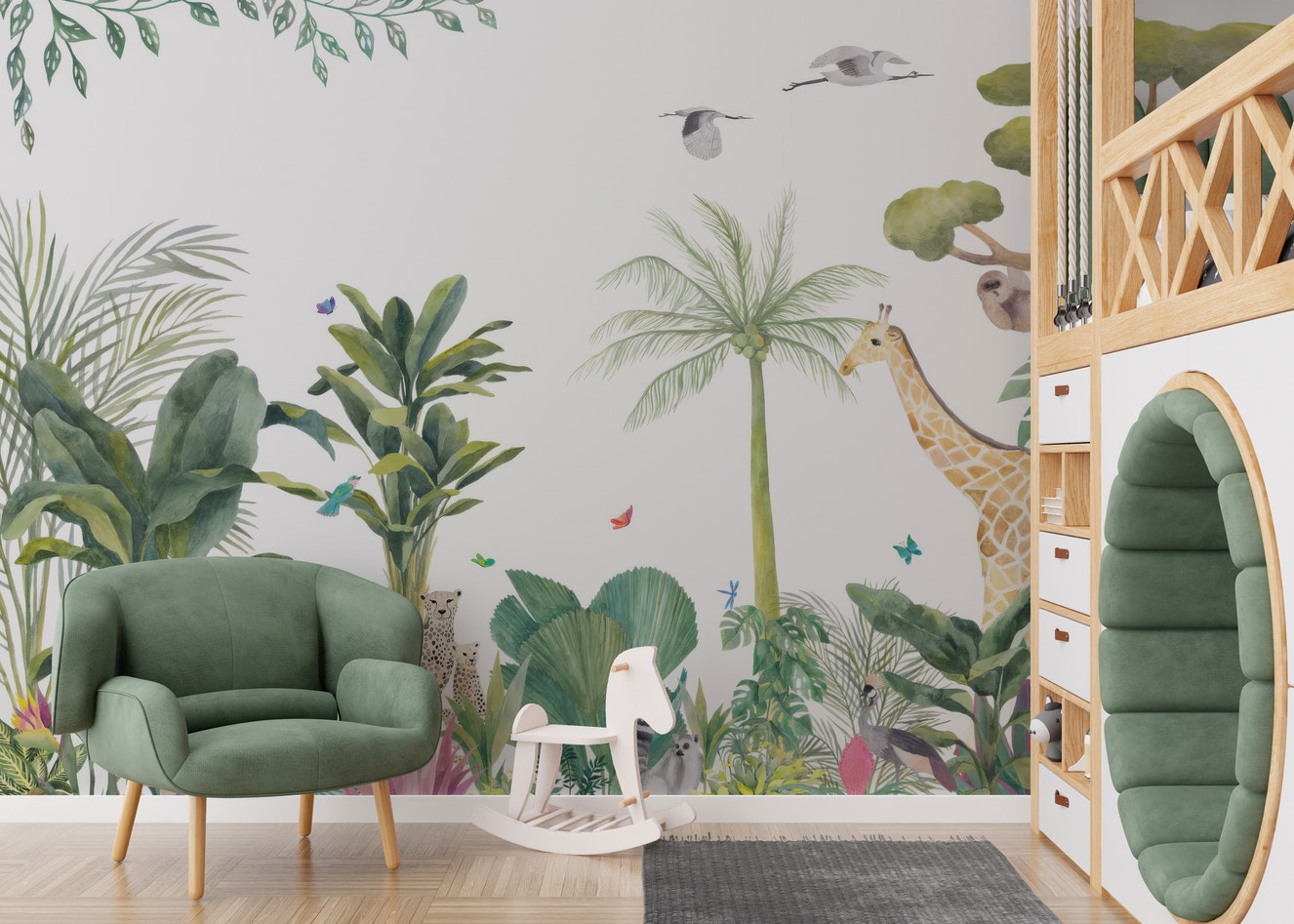 Tropical forest wallpaper with giraffe and lush greenery