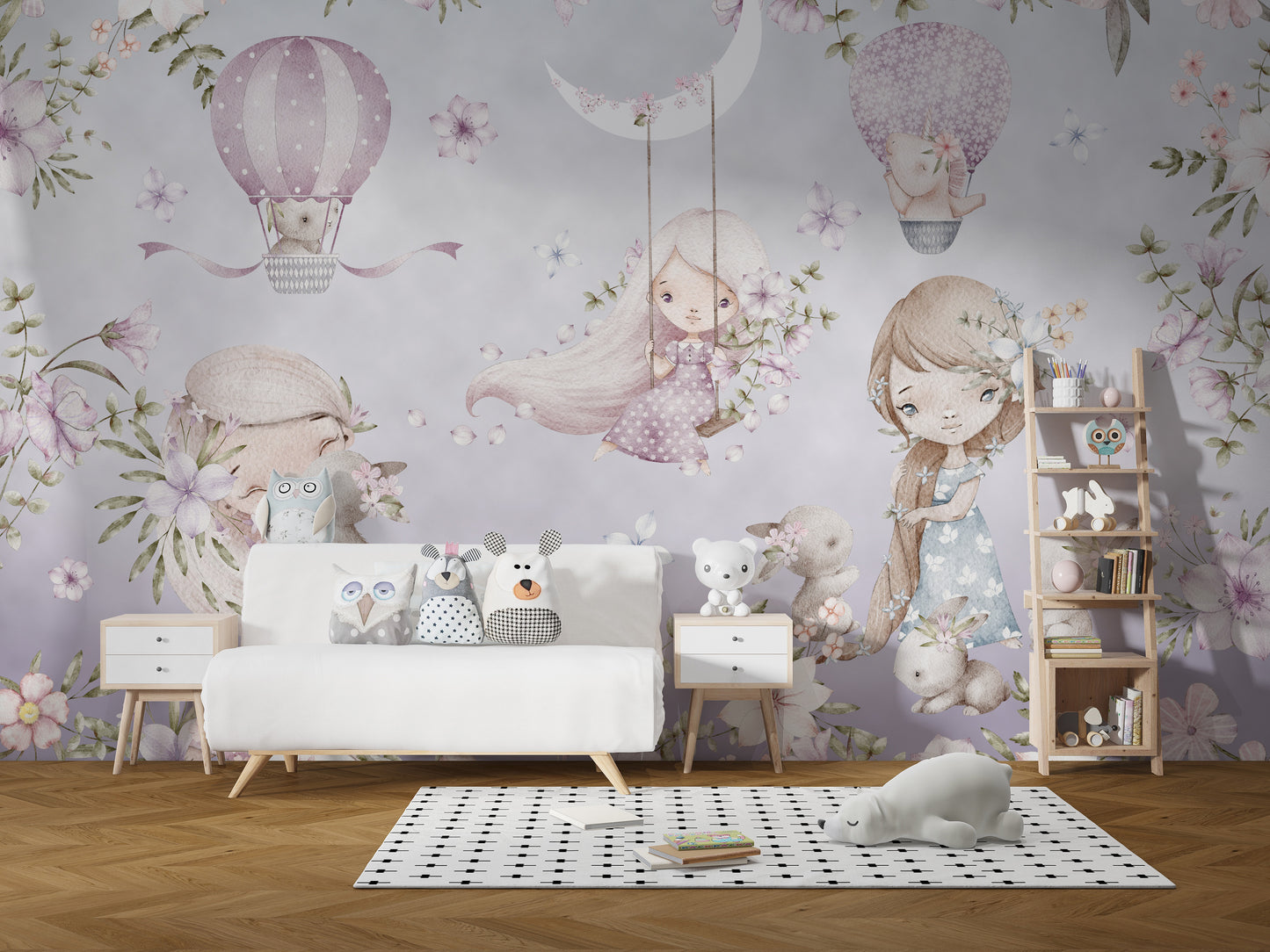 Charming pink garden wallpaper with bunnies and flowers