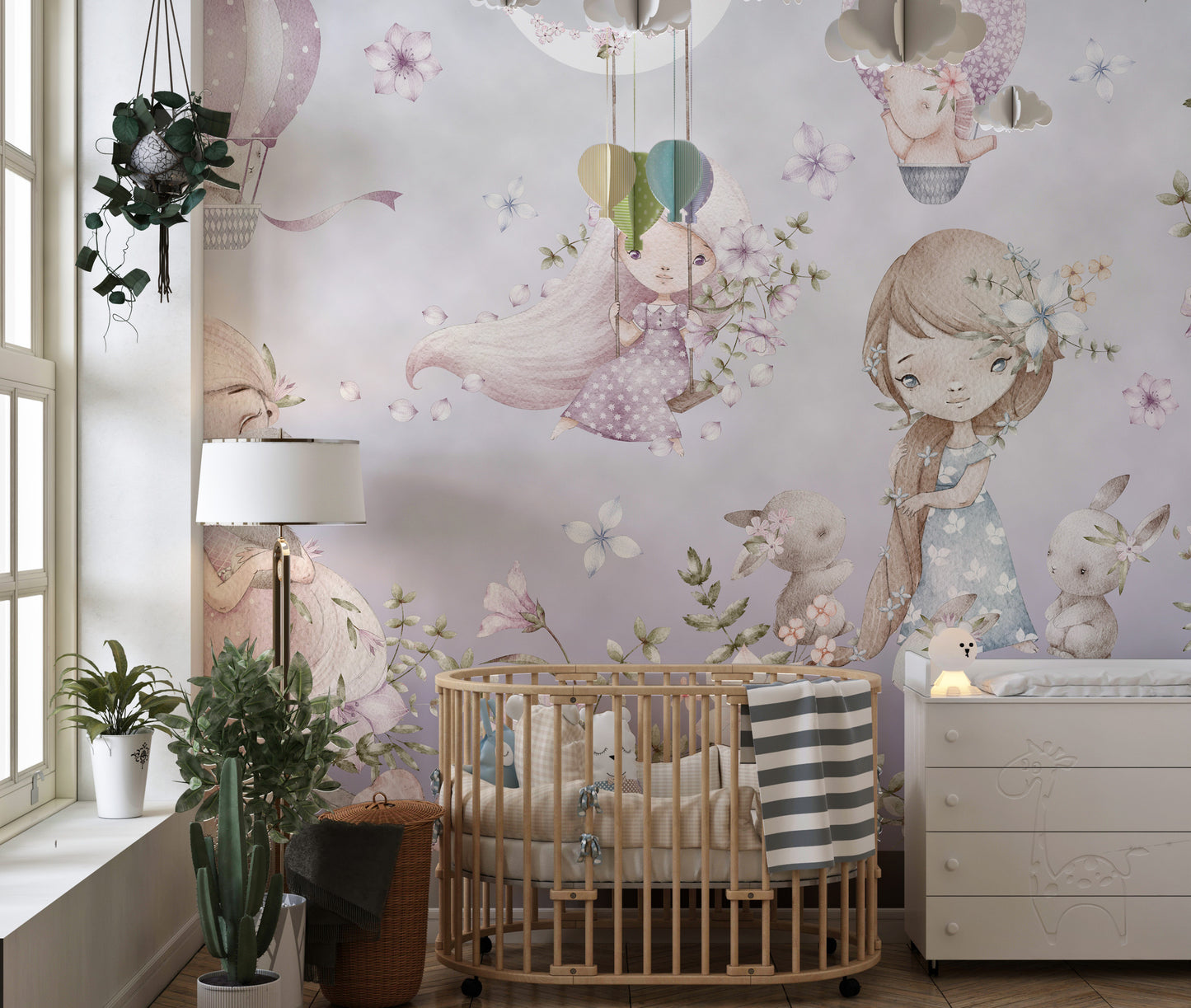 Floral pink wallpaper mural for children's bedroom walls