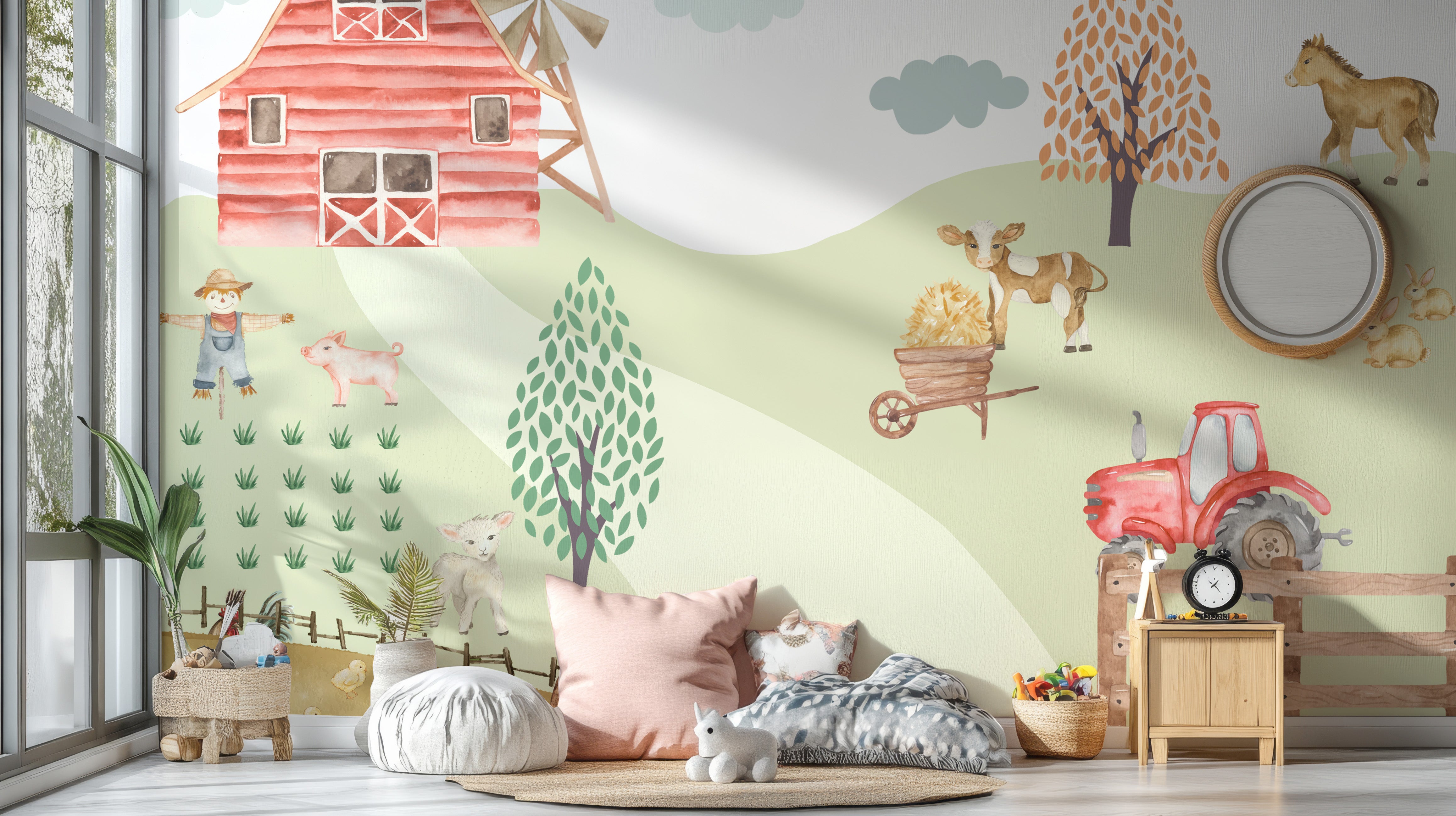 Kid-friendly wallpaper with a vibrant farmyard design, complete with smiling animals and rolling fields