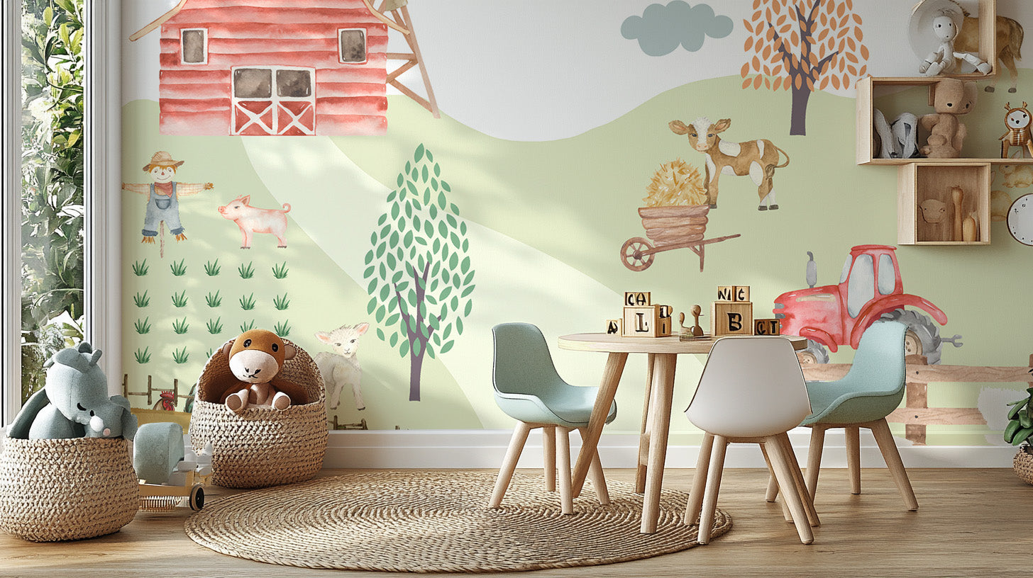 "Farmyard-inspired wallpaper mural featuring a detailed rural landscape with animals and crops.