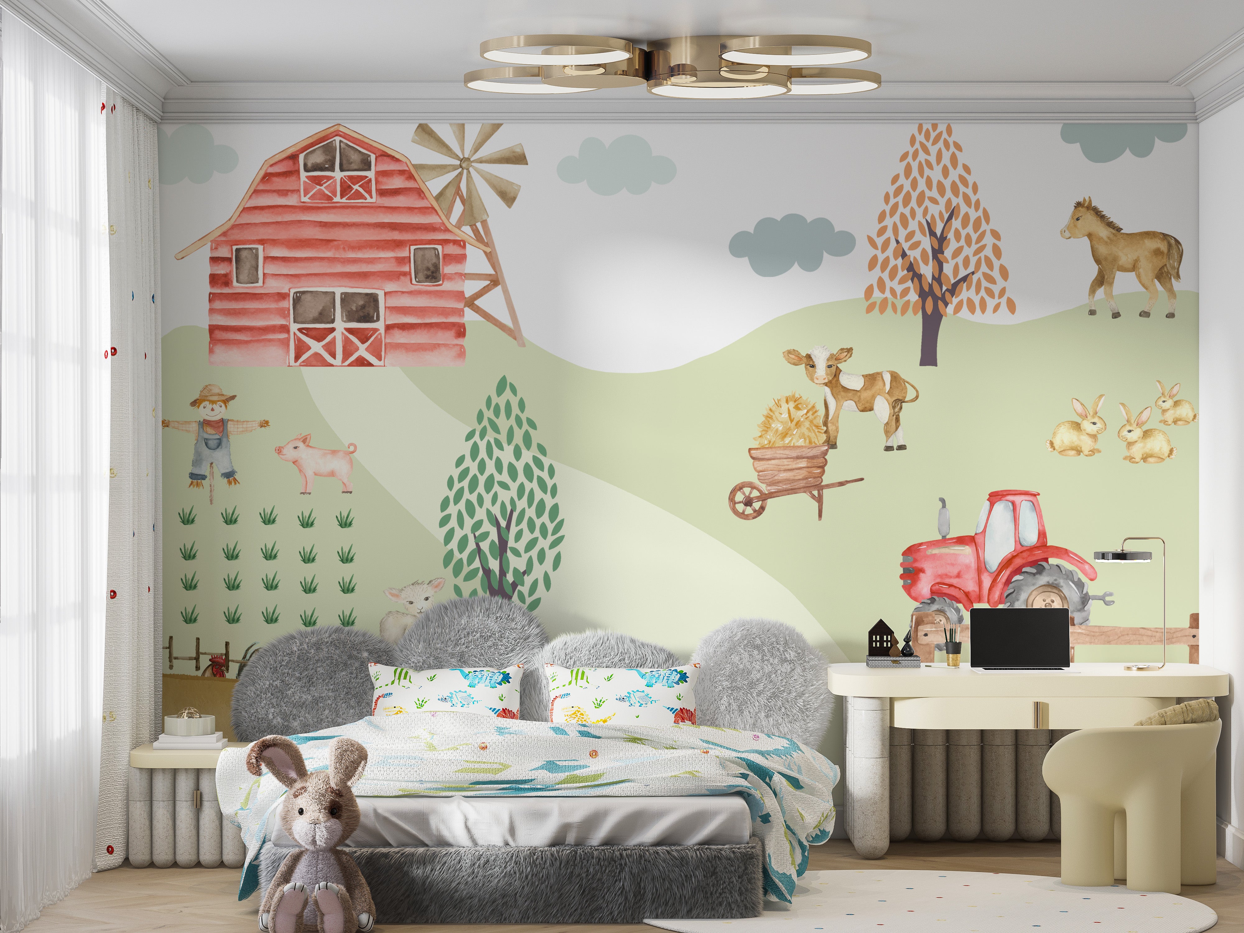 Whimsical countryside wallpaper design with a barn, haystacks, and animated farm creatures.