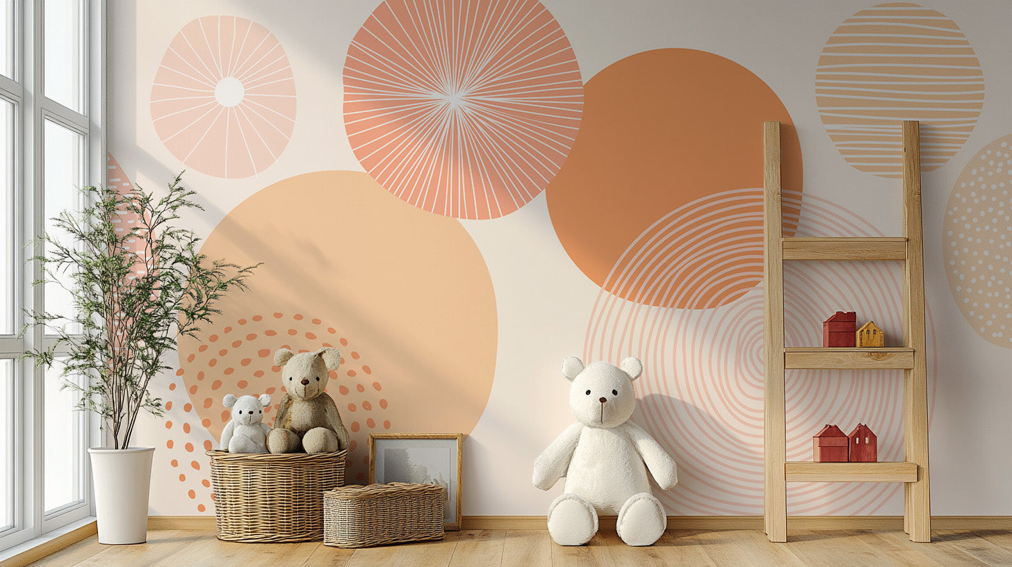 Artistic wallpaper with a blend of peach hues and geometric circles.