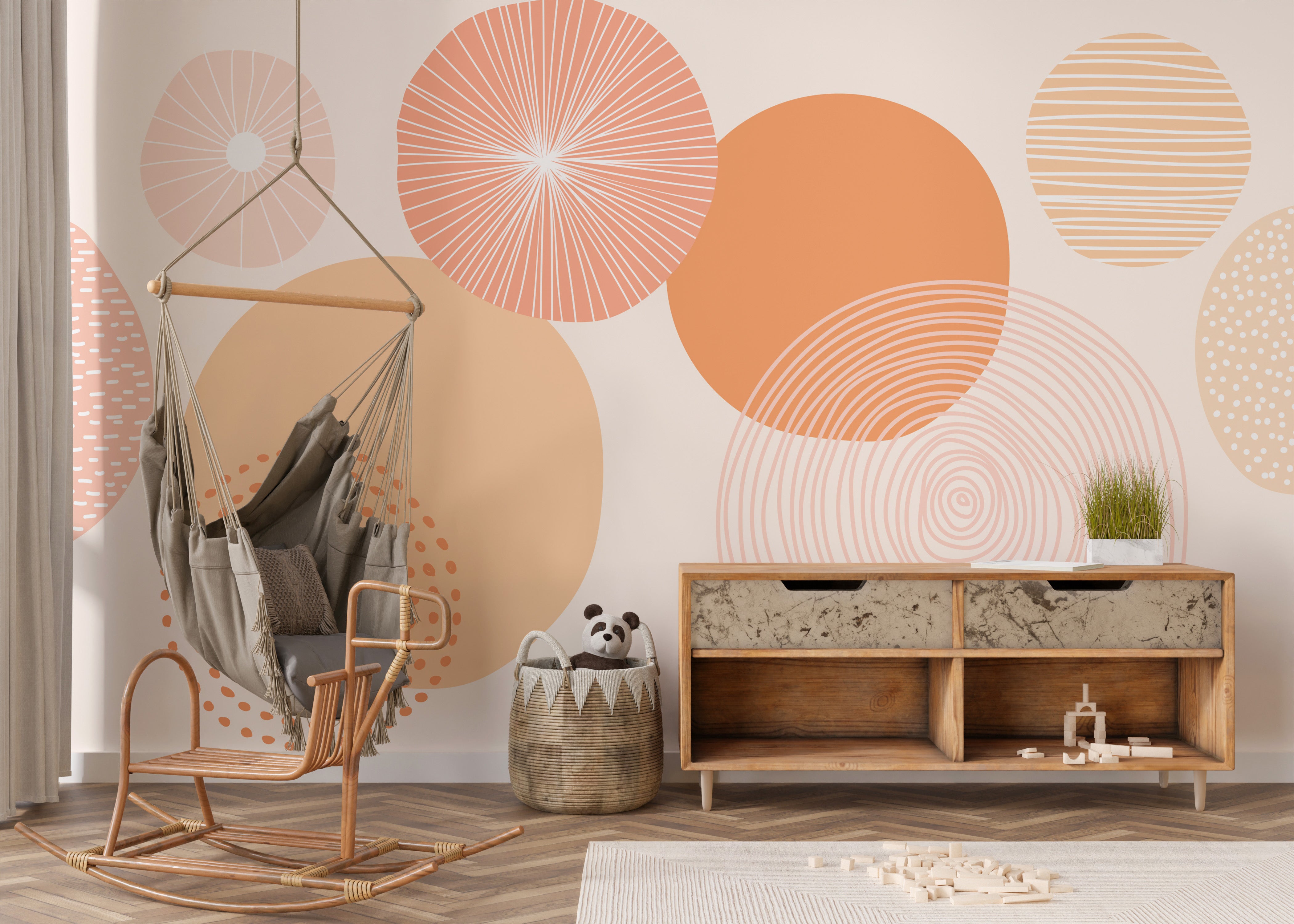 Contemporary abstract design with peach circular accents.