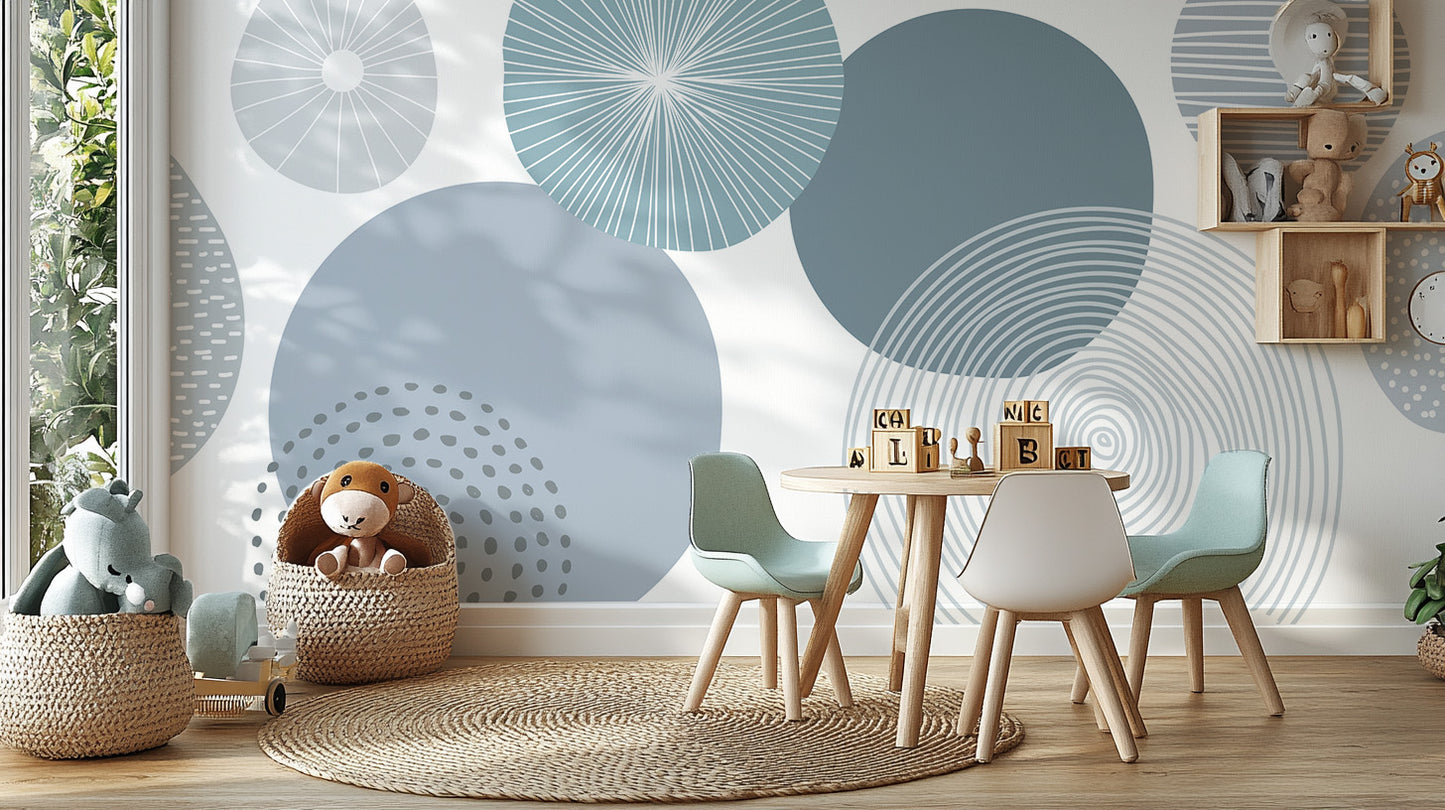 Modern wallpaper design featuring blue-toned circular shapes.