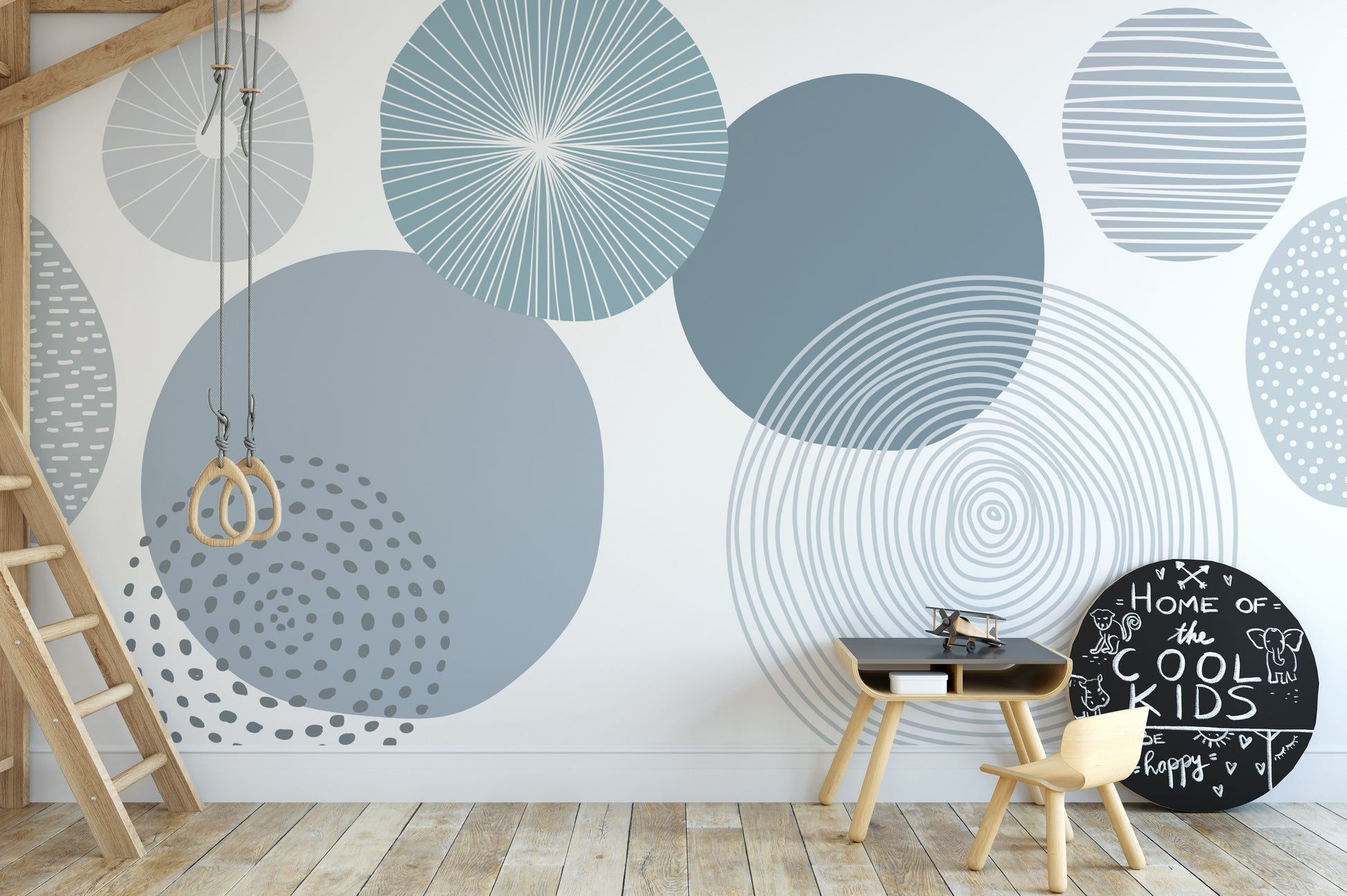 Stylish wallpaper featuring various shades of blue in circular forms.