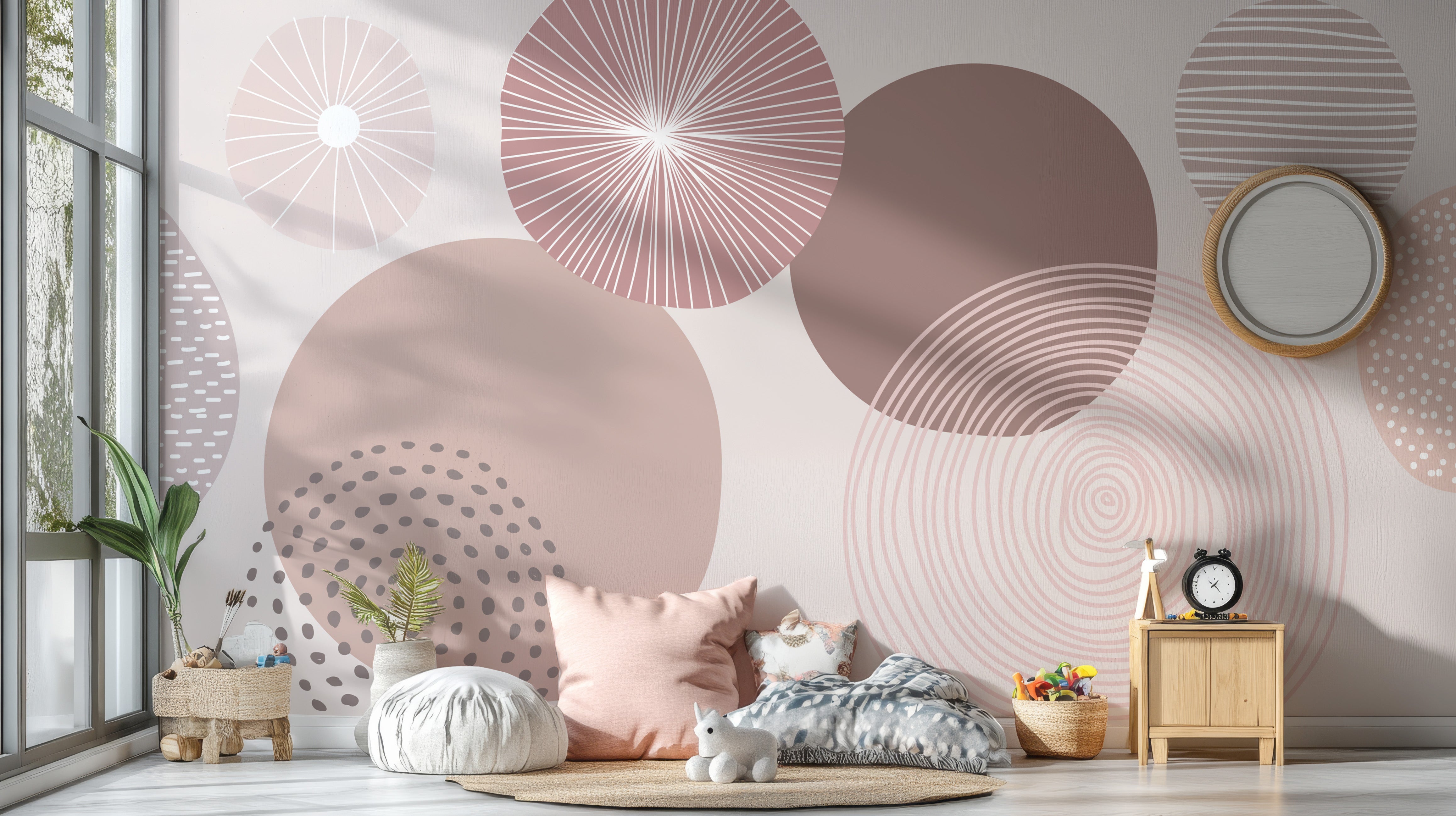 Sophisticated dusky mauve wallpaper with overlapping circular patterns.