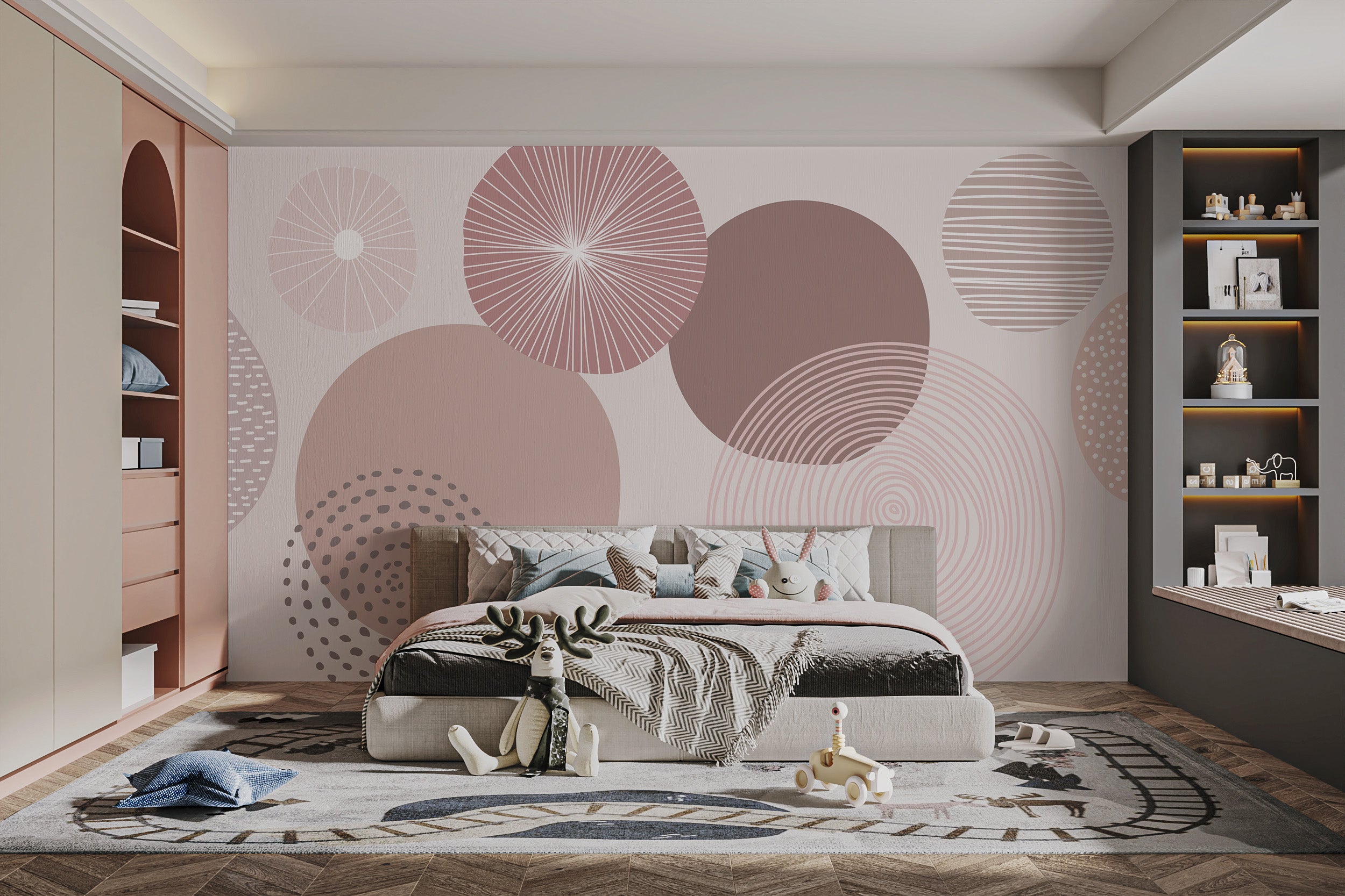 Geometric-inspired wallpaper featuring dusky mauve circles for a refined look.