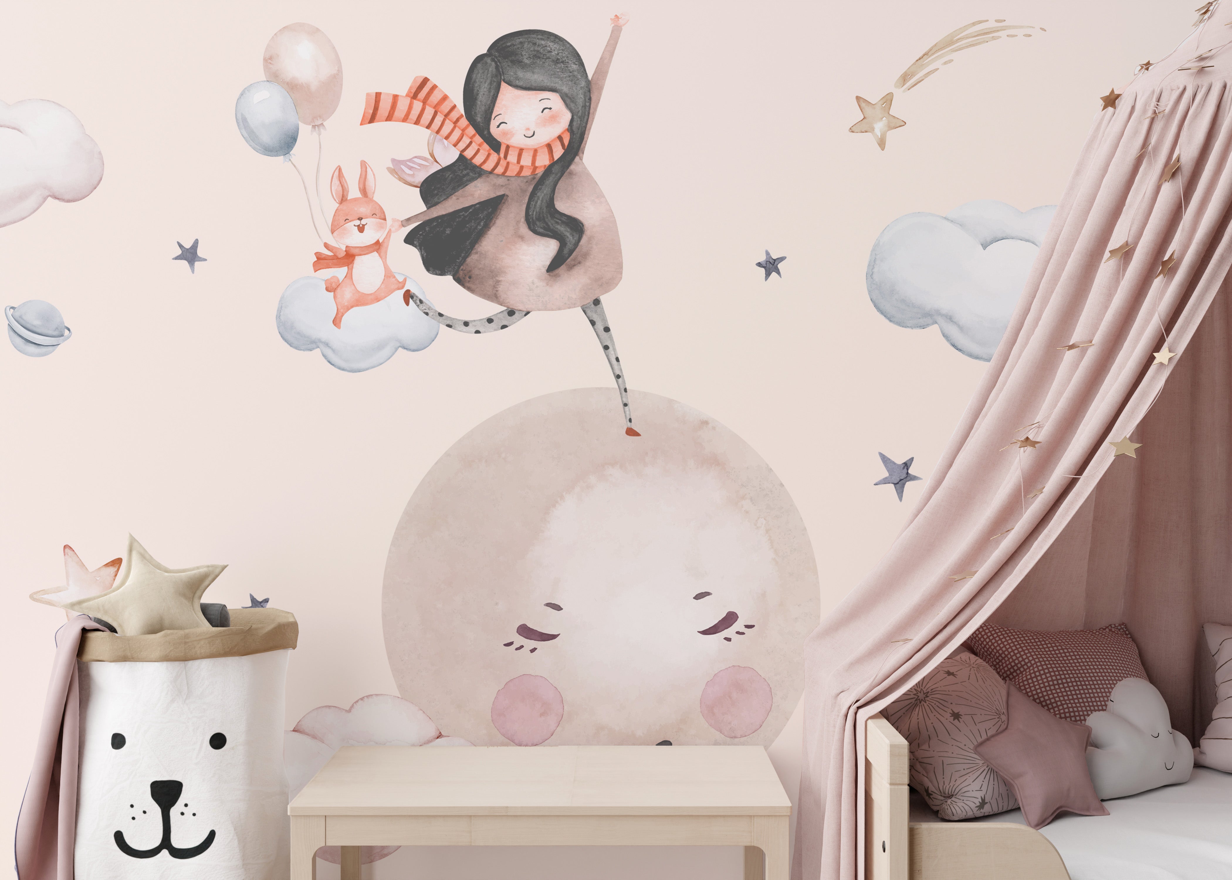 Fantasy-inspired wallpaper featuring a joyful girl and a fox with balloons in the sky.