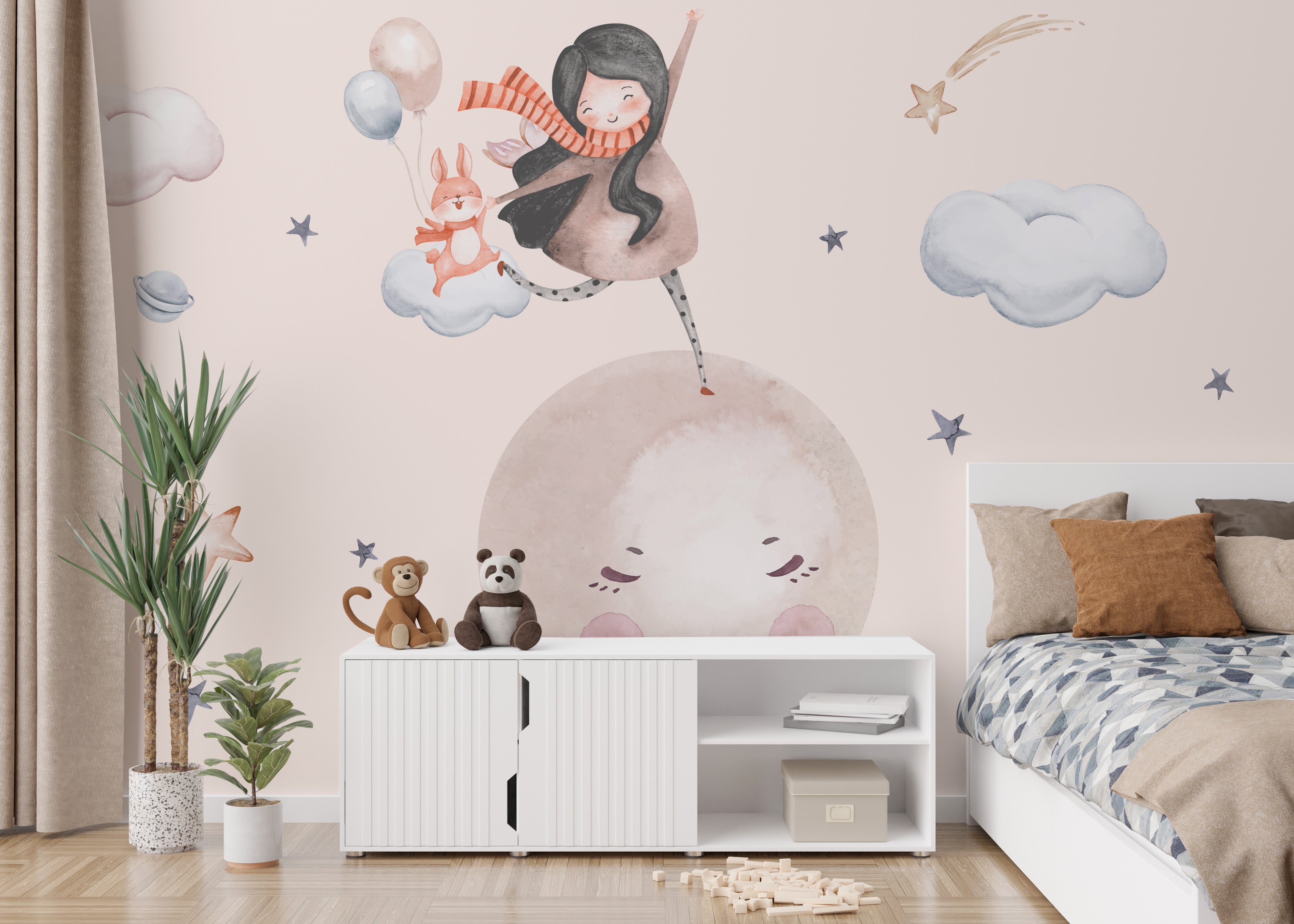 Whimsical wallpaper featuring a joyful girl leaping on a dreamy moon.