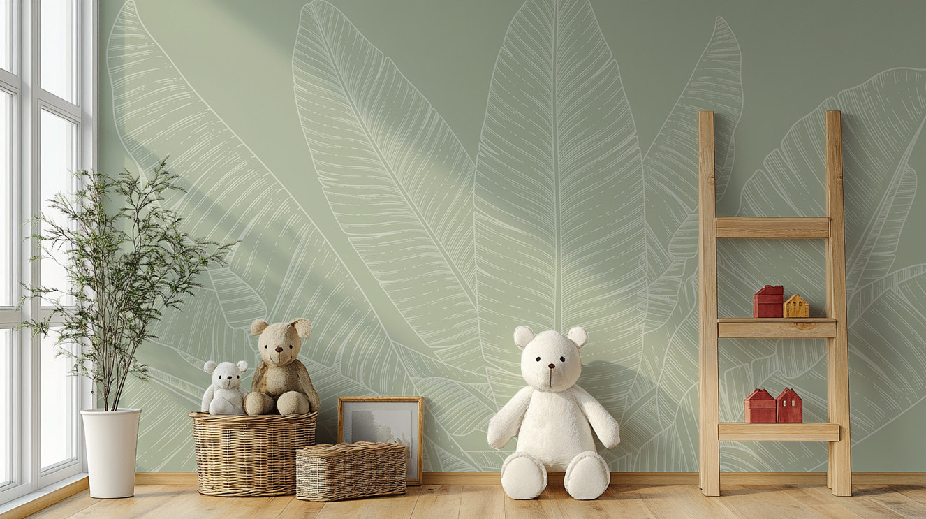 Botanical banana leaf mural in pastel green