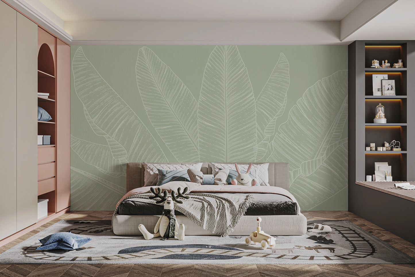 Botanical mural with oversized leaf outlines