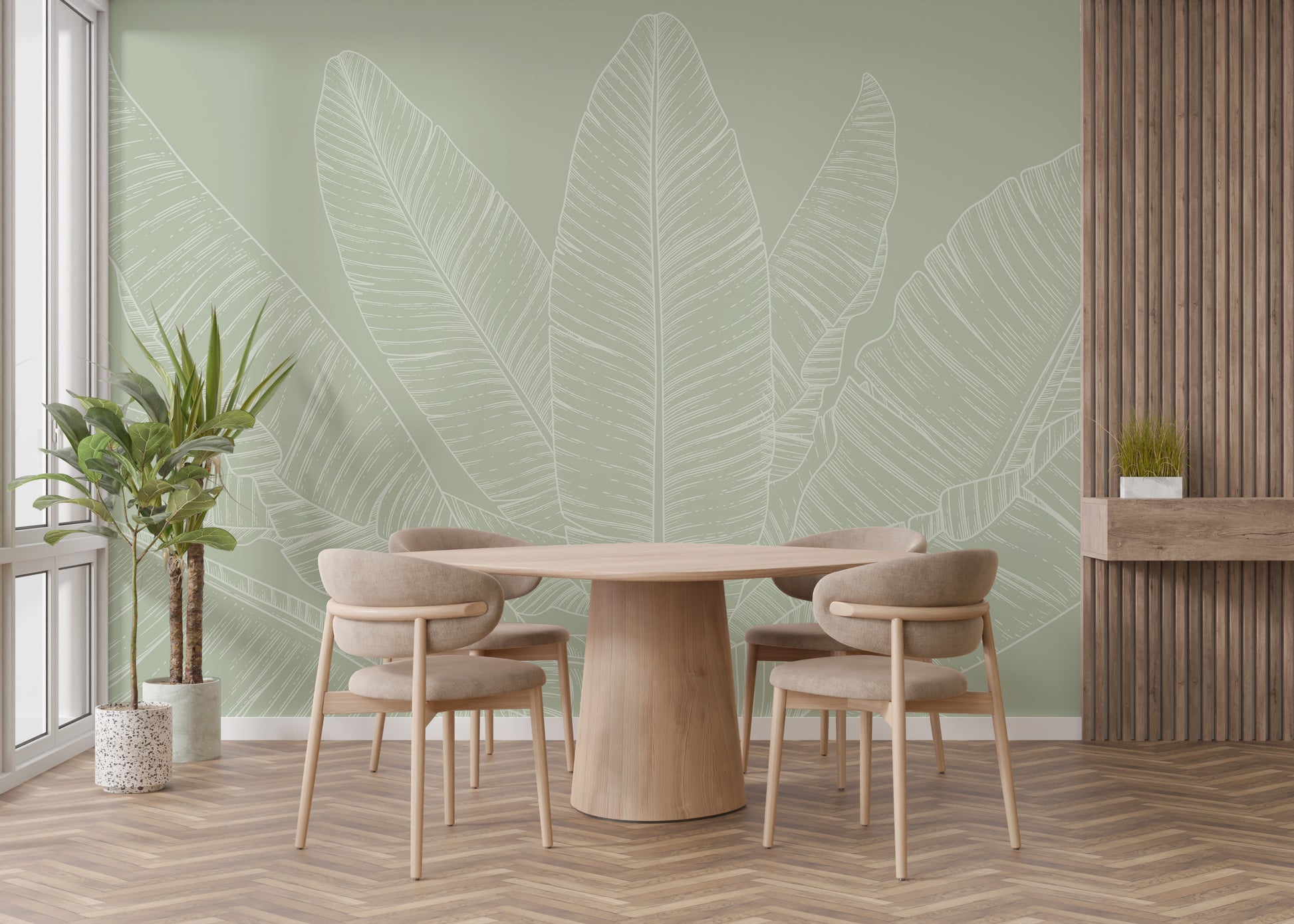 Minimalist green wallpaper with leaf pattern