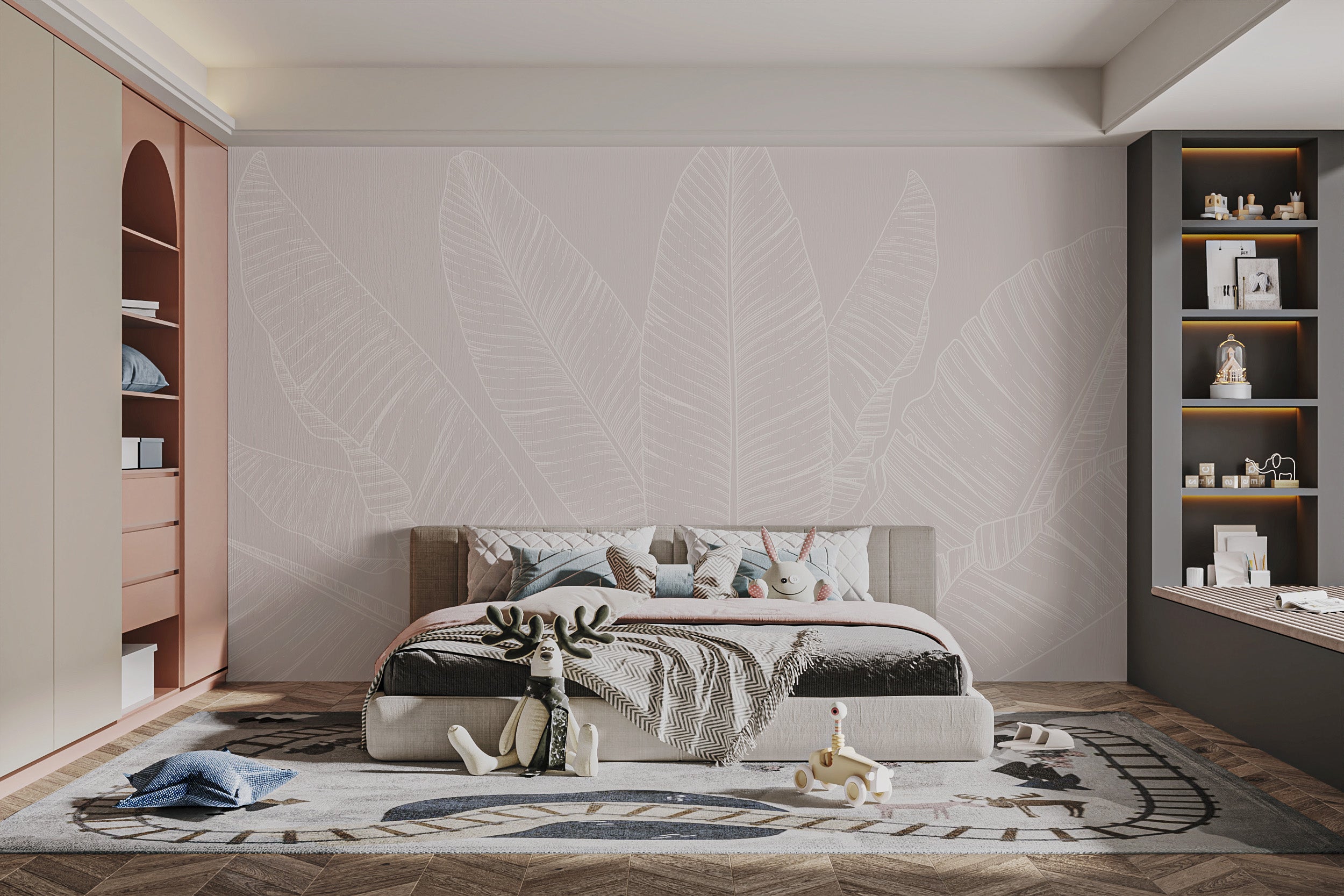 Minimalist beige wallpaper with leaf pattern