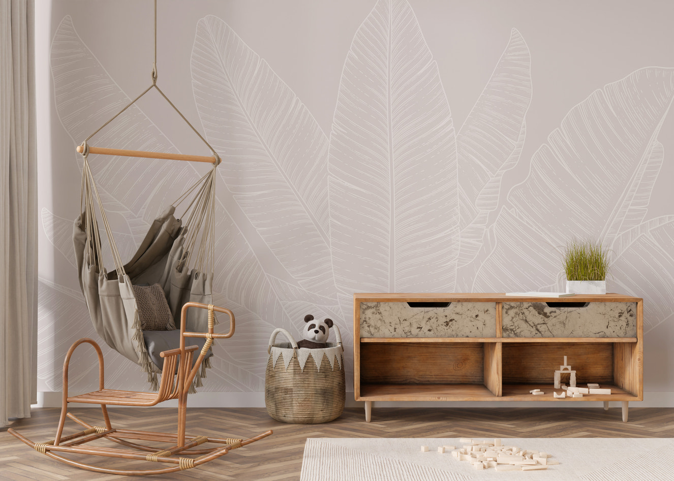 Beige wallpaper with delicate banana leaf design