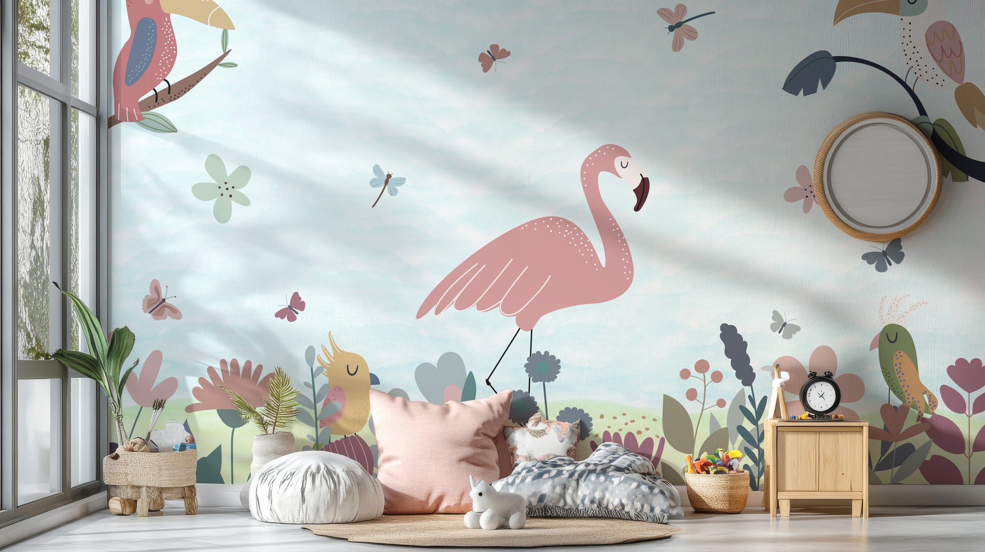 Flamingo and parrots in a vibrant jungle scene