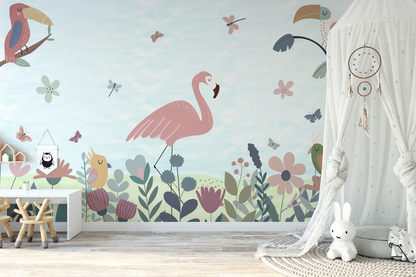 Playful tropical wallpaper with colorful birds