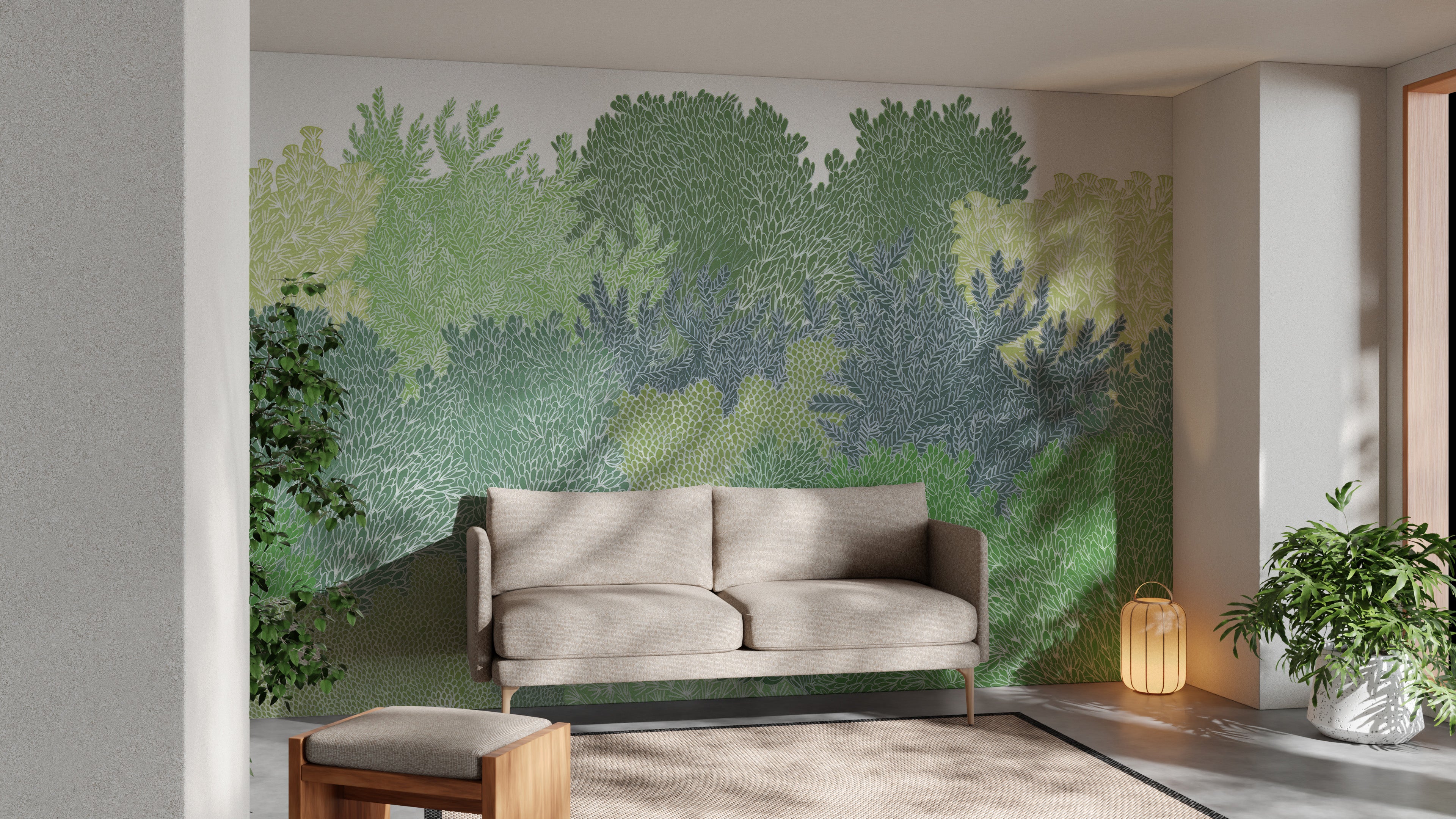 Green canopy wallpaper with artistic leafy texture design