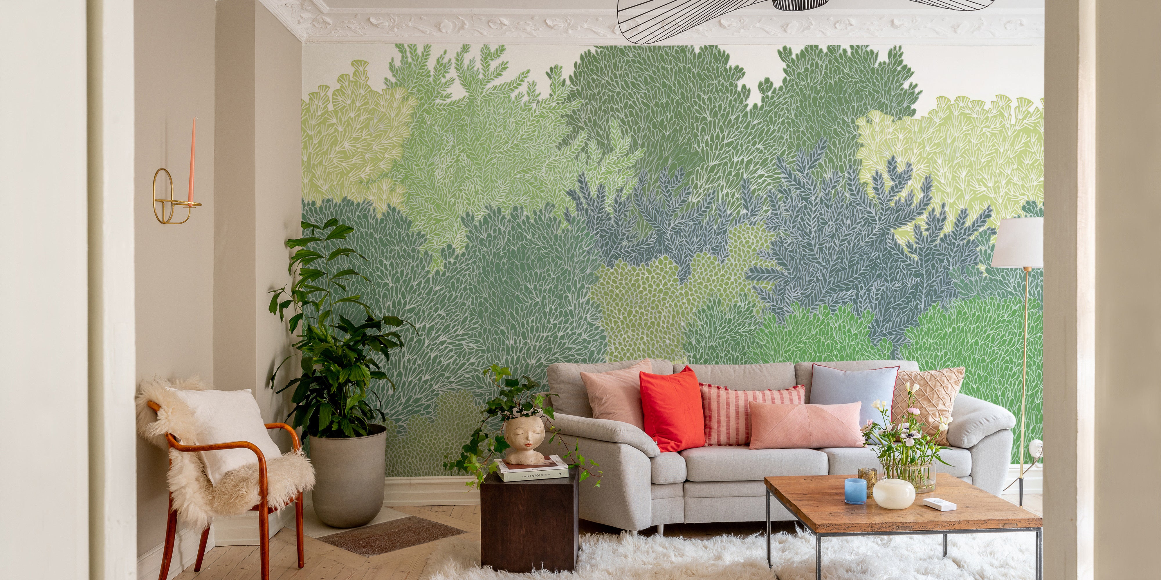 Forest-inspired green canopy wallpaper for living rooms