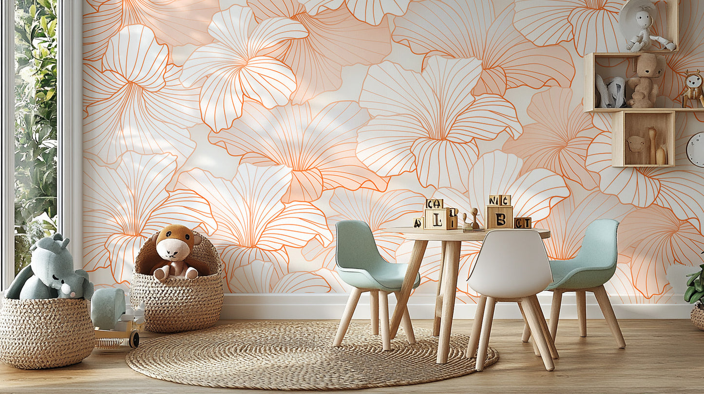 Peach-toned floral wallpaper with fine line art