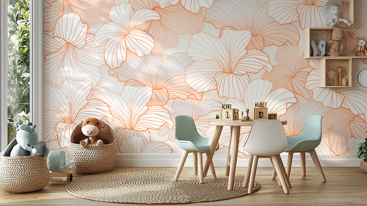 Peach-toned floral wallpaper with fine line art