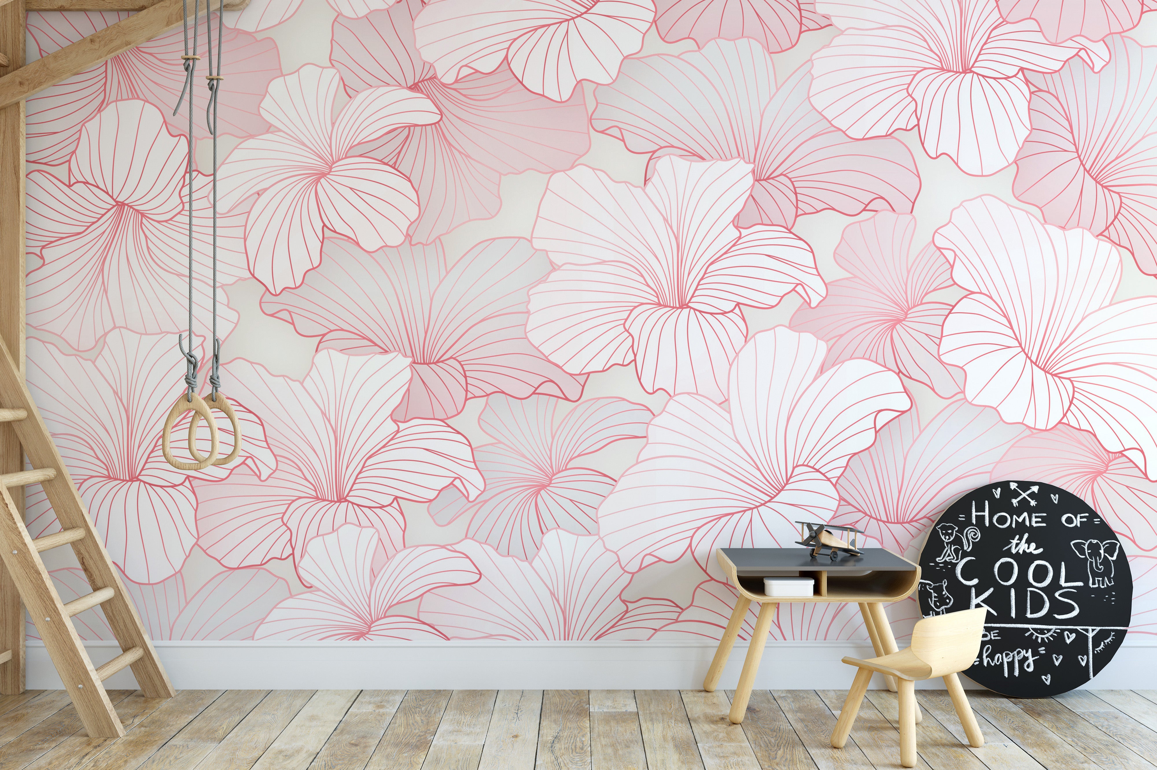 Artistic pink floral wallpaper with fine lines