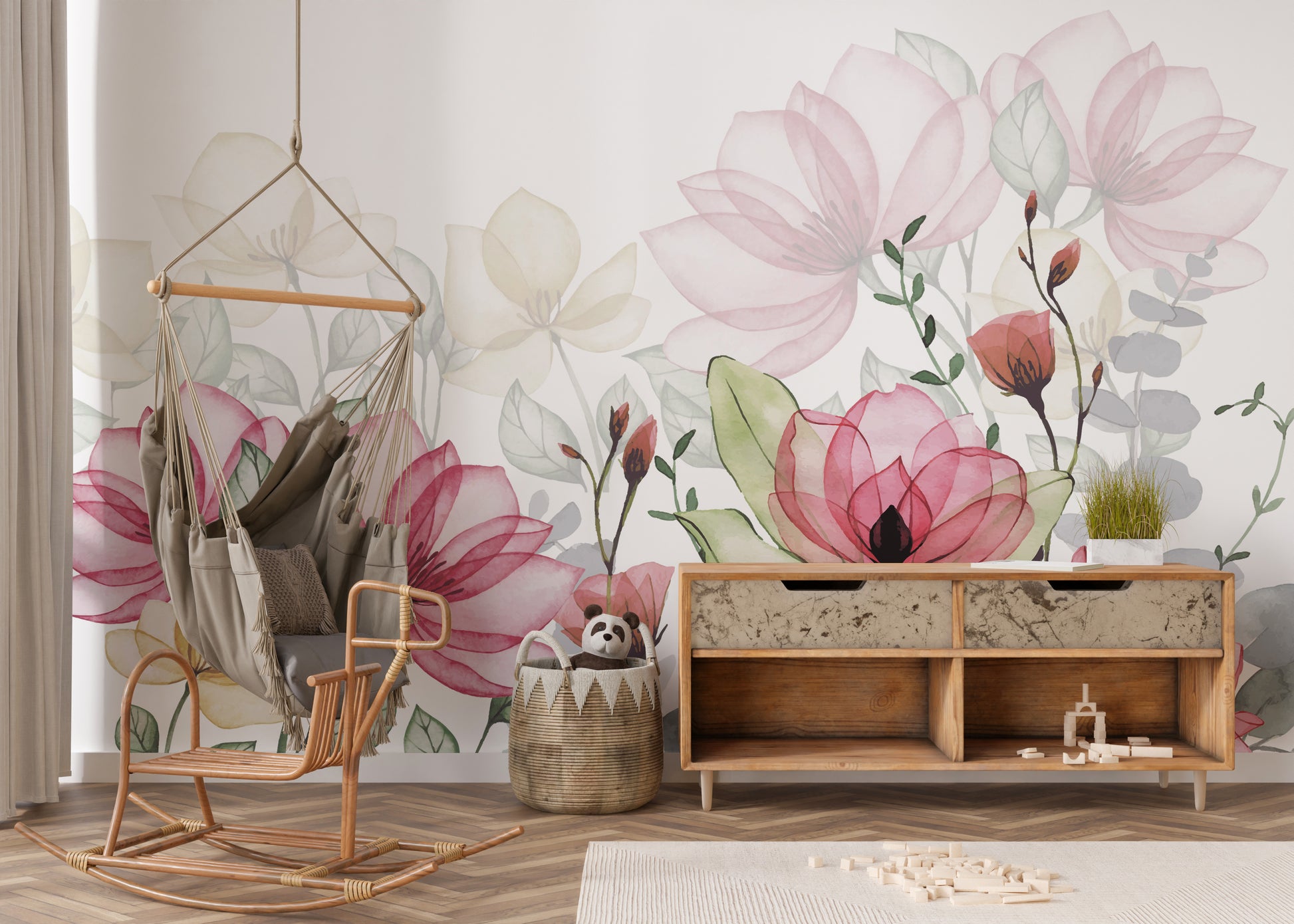 Whimsical botanical wallpaper with watercolor art