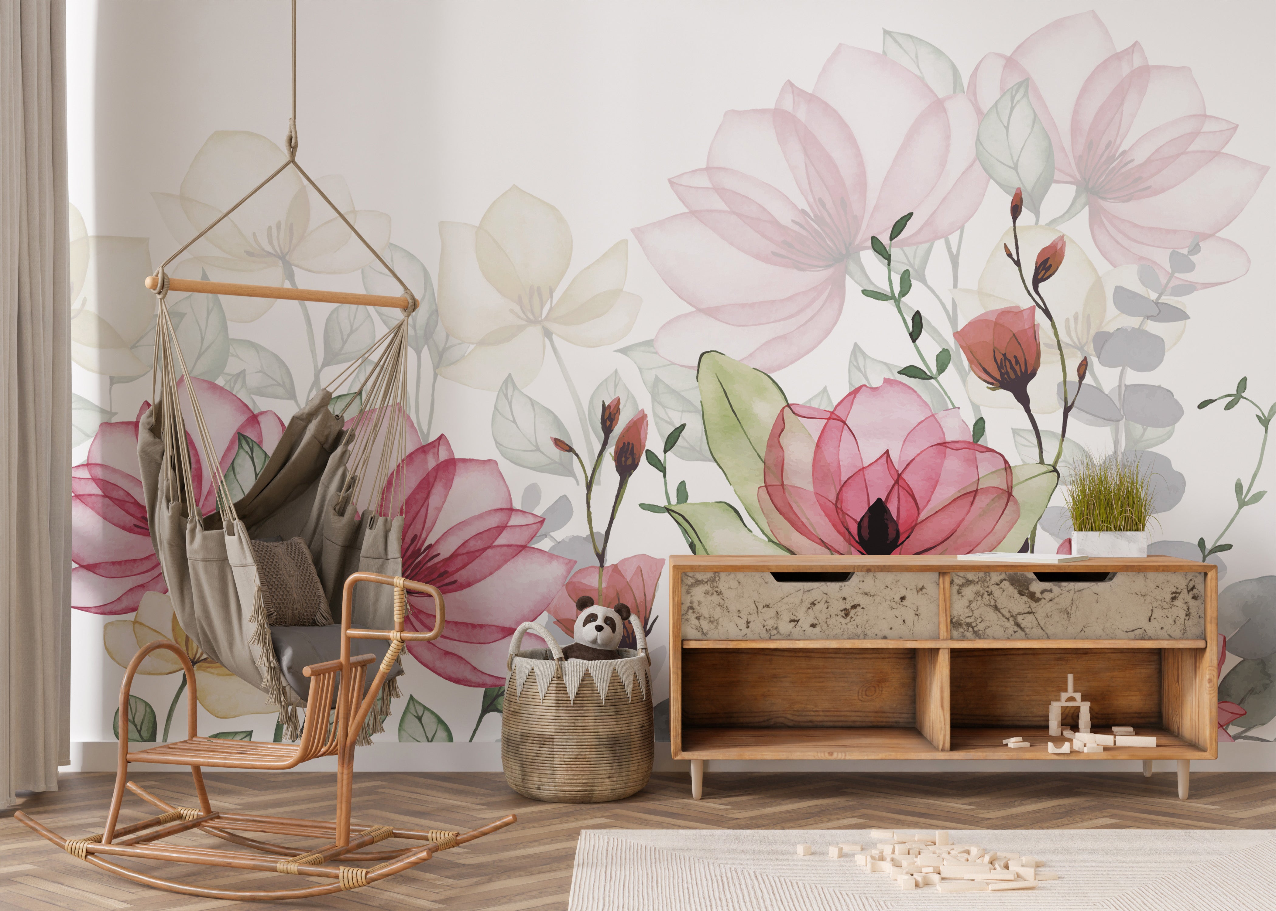 Whimsical botanical wallpaper with watercolor art