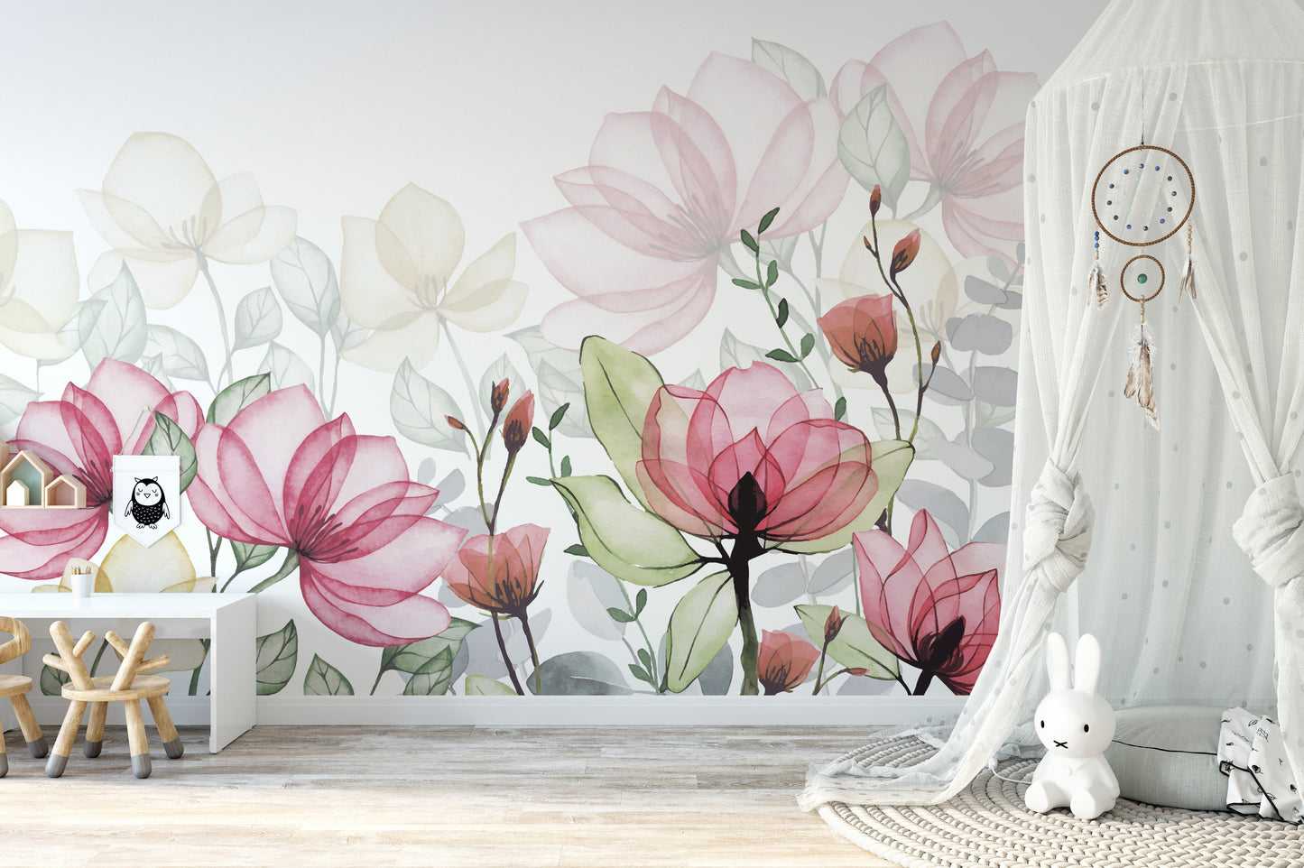 Watercolor floral wallpaper with pink blossoms