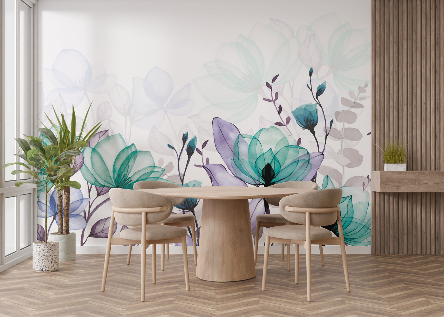 Whimsical lavender wallpaper with botanical art