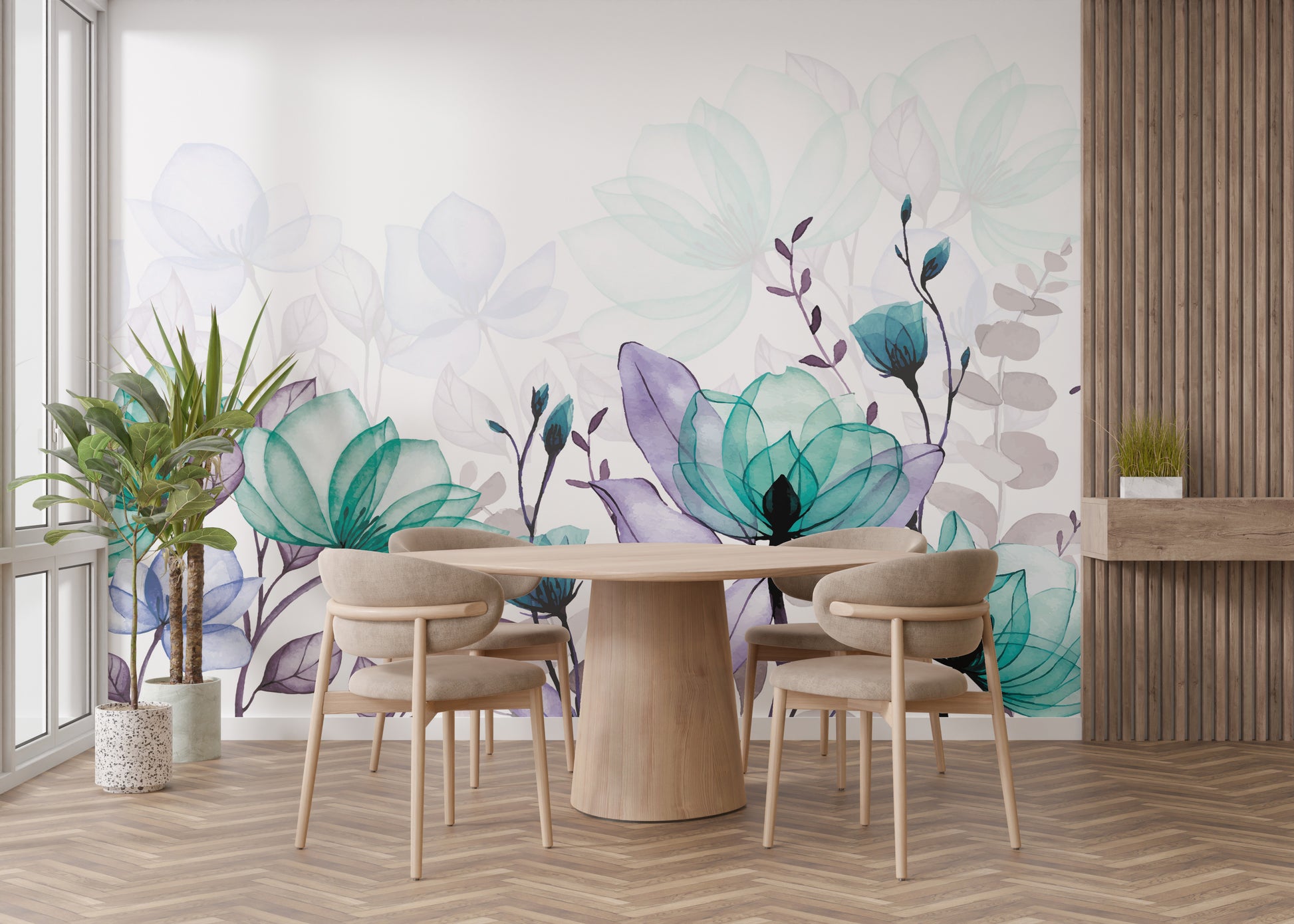 Whimsical lavender wallpaper with botanical art