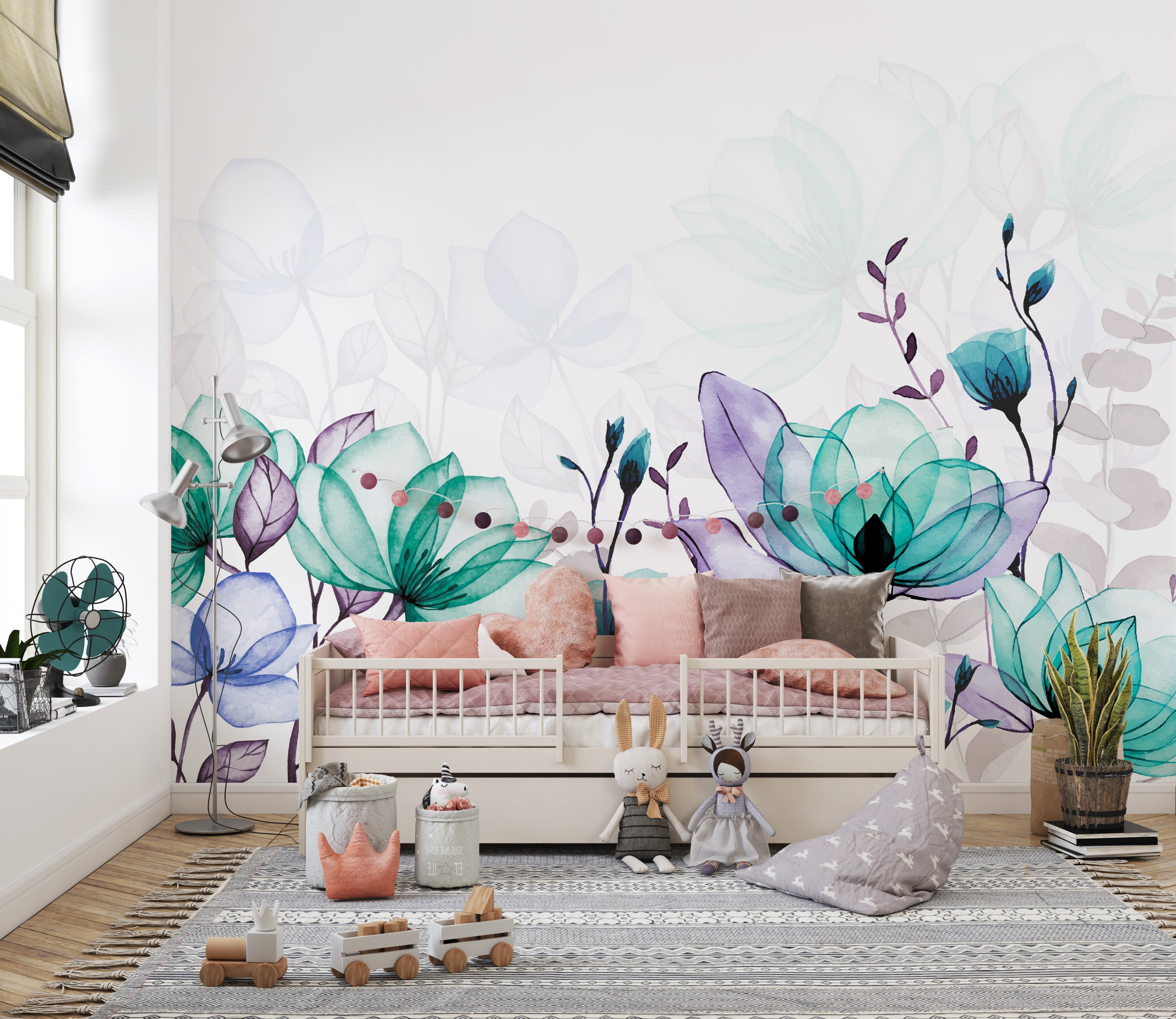 Soft lavender floral wallpaper with misty accents