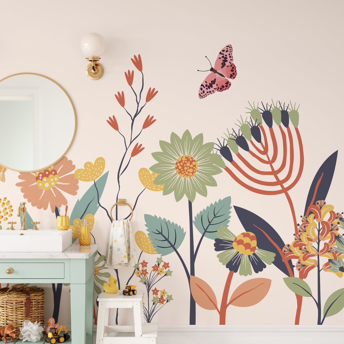 Graceful butterflies in a floral mural artwork