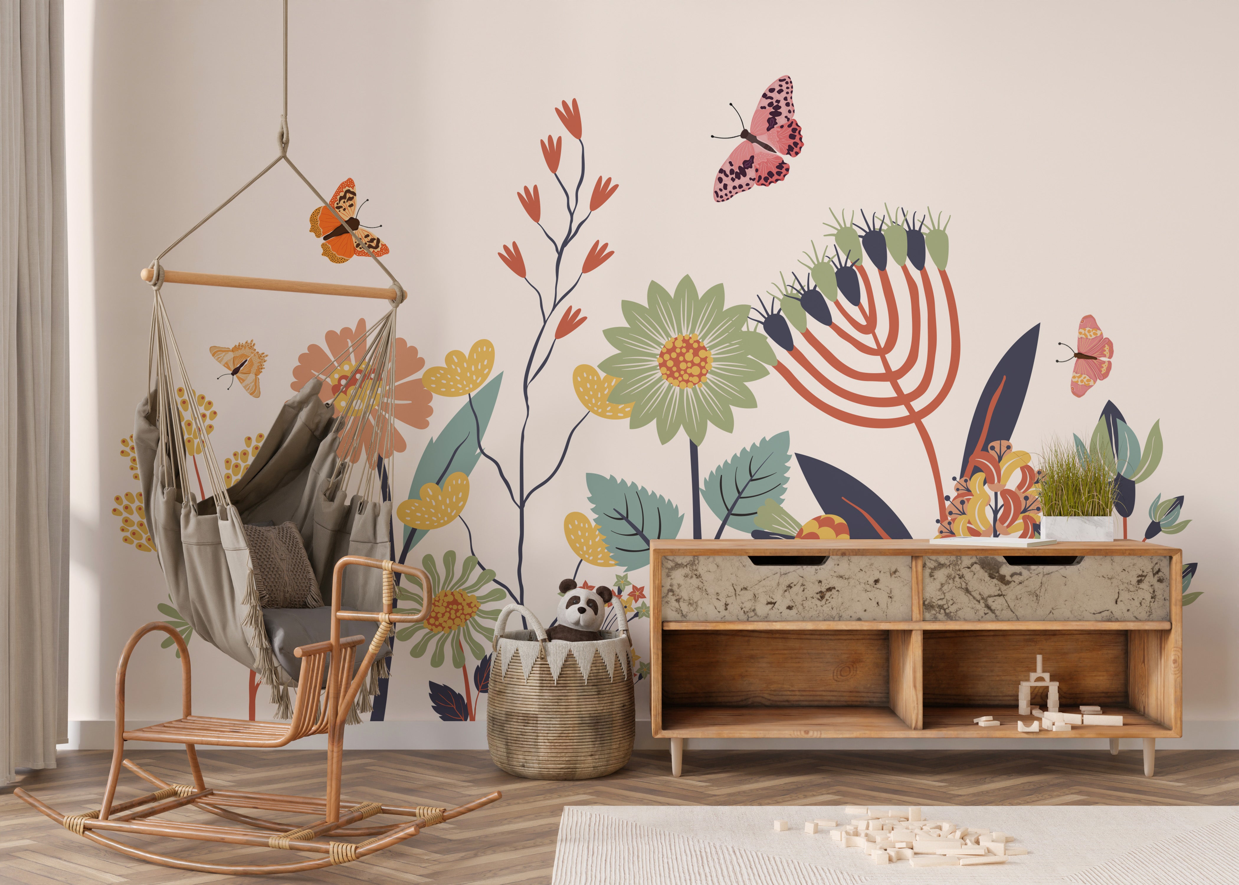 Butterfly garden mural with vibrant floral accents