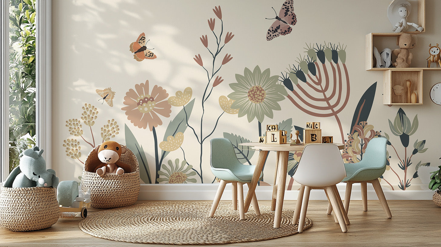 Pastel garden scene with elegant butterfly accents